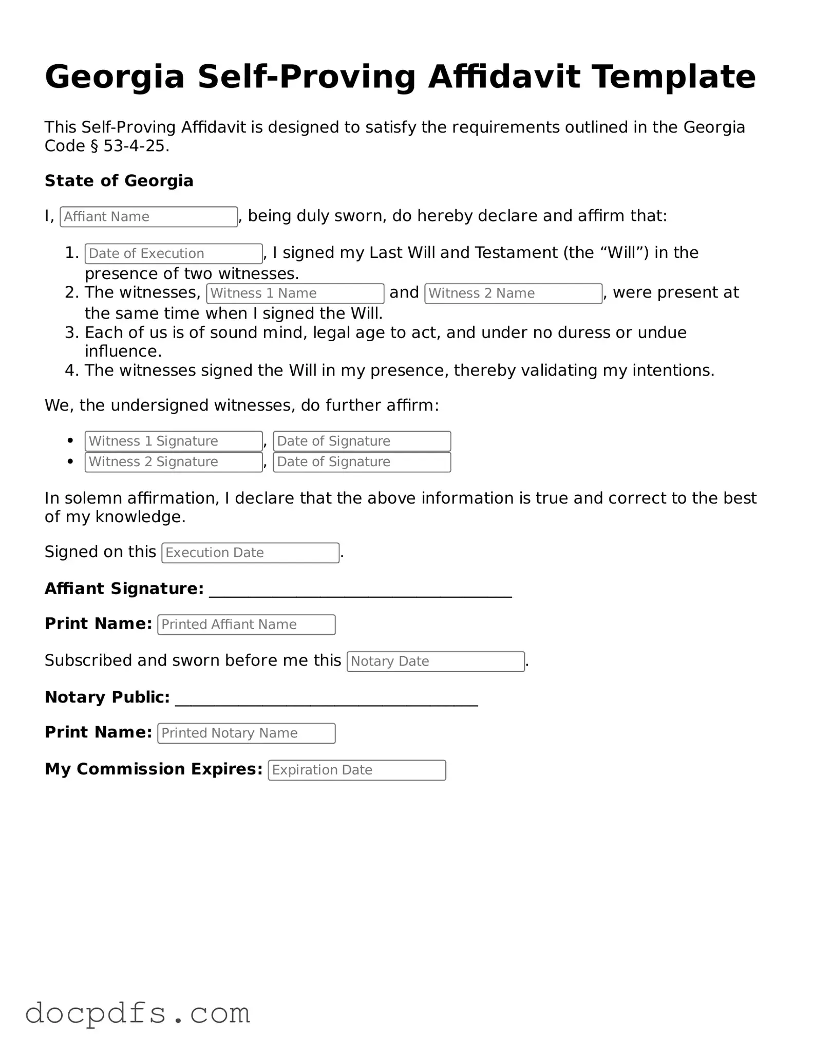 Free Georgia Self-Proving Affidavit Form