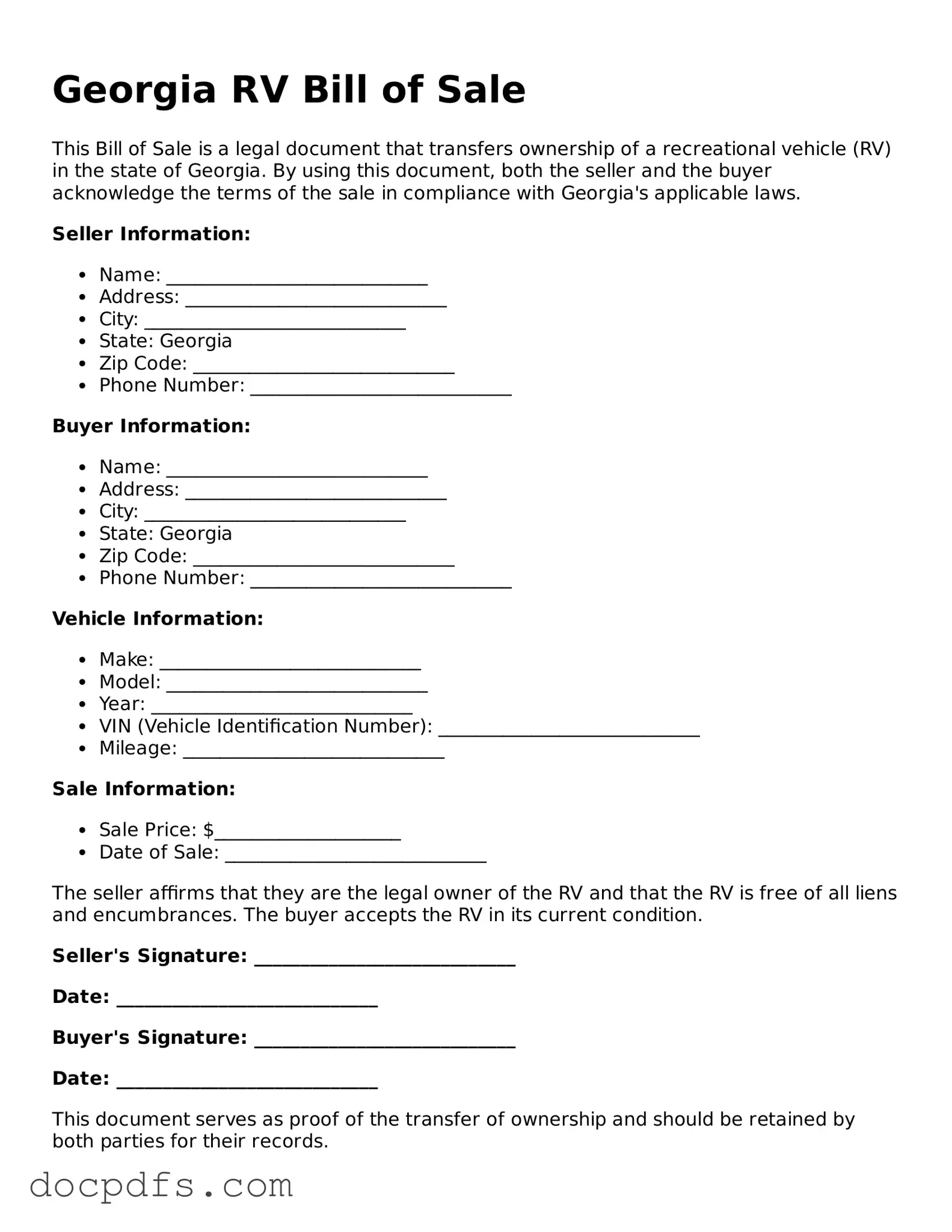 Free Georgia RV Bill of Sale Form