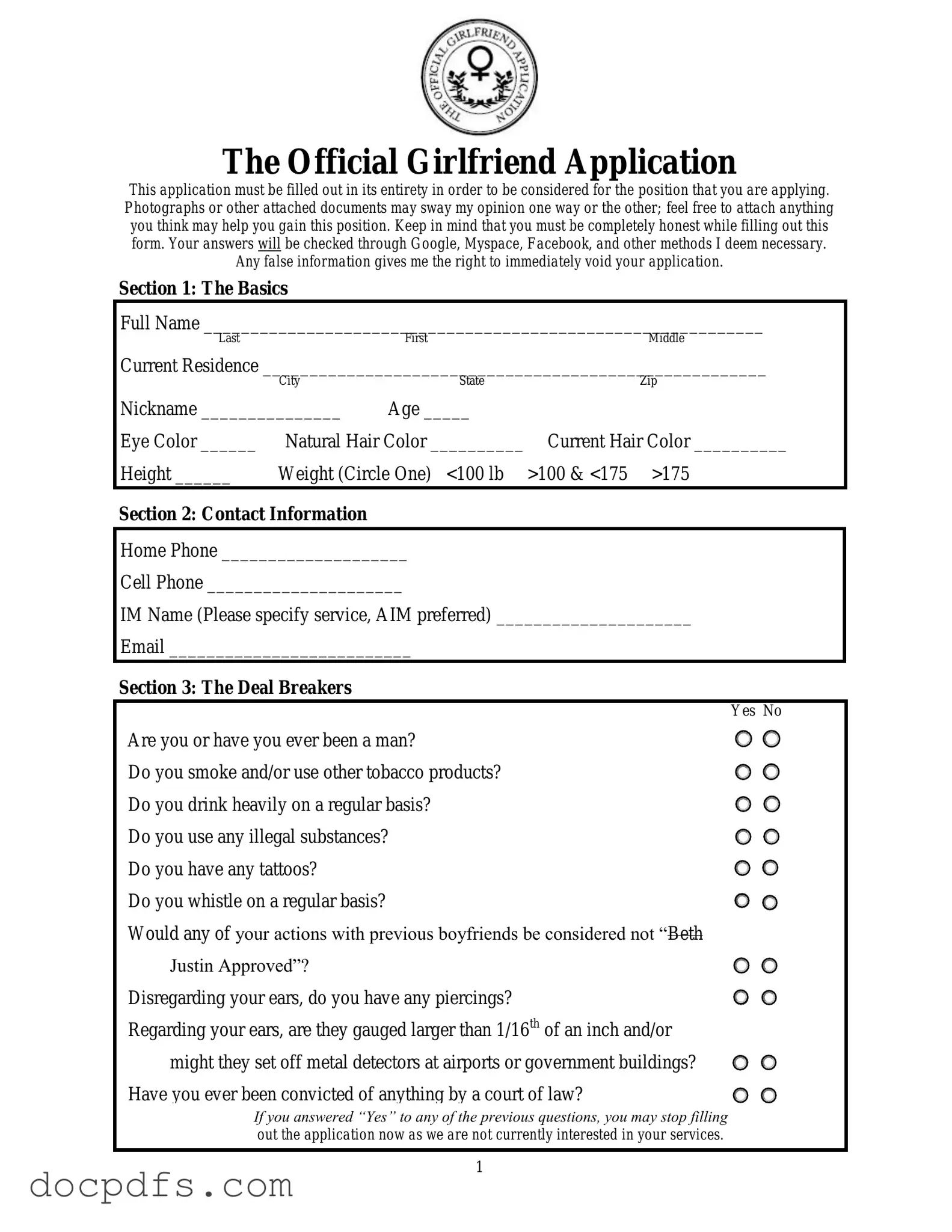 Girlfriend Application Template in PDF