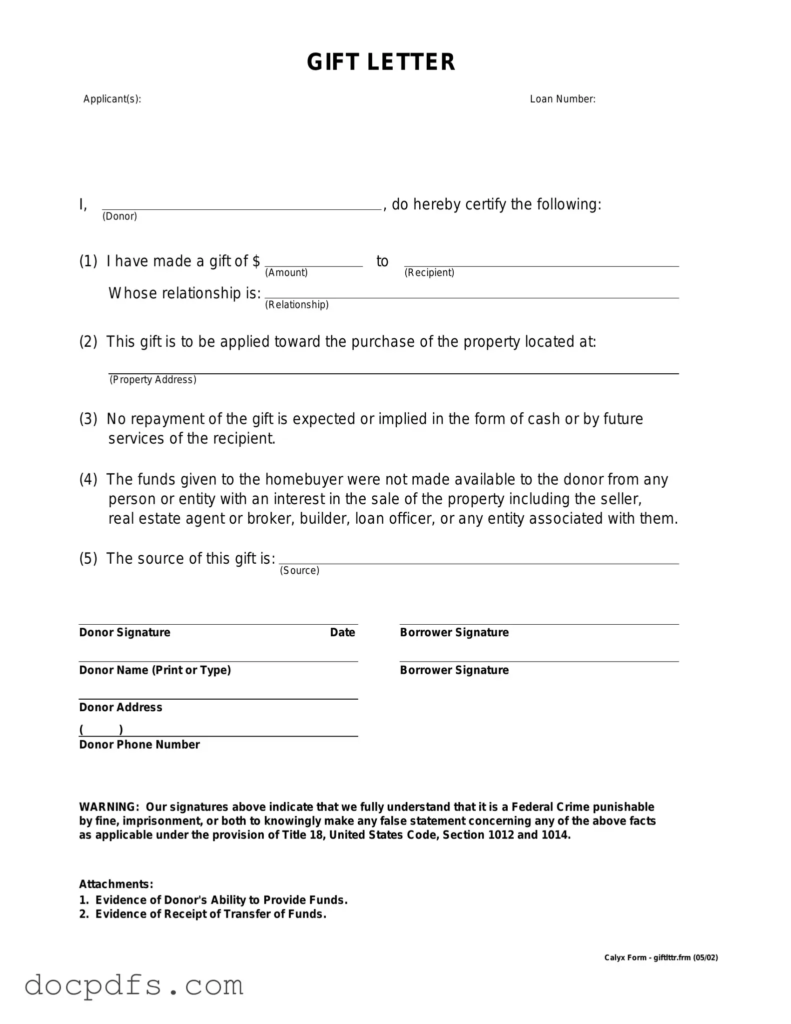 Gift Letter Template in PDF