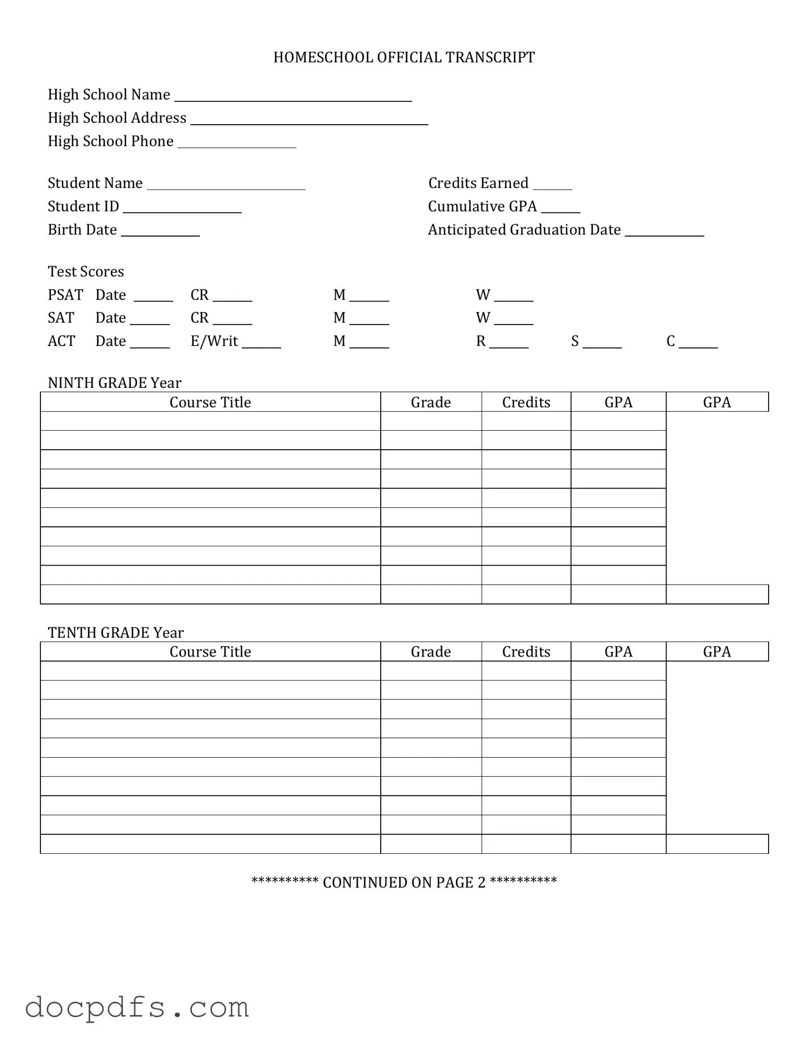 High School Transcript Template in PDF