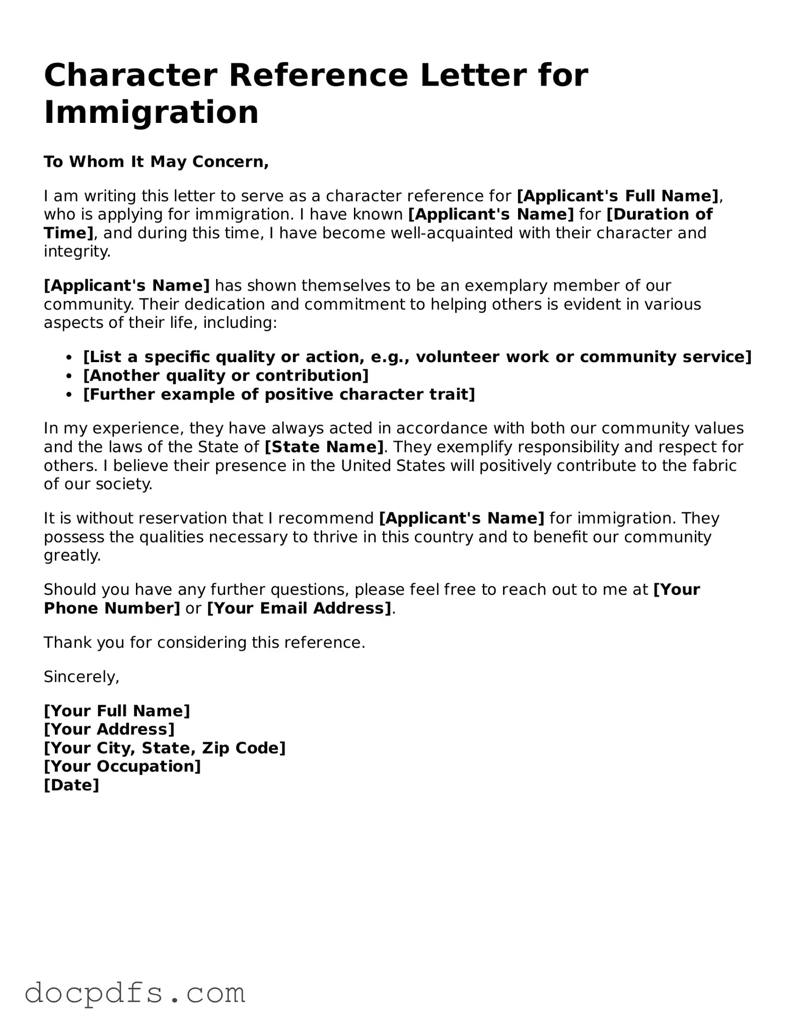 Legal Character Reference Letter for Immigration Document