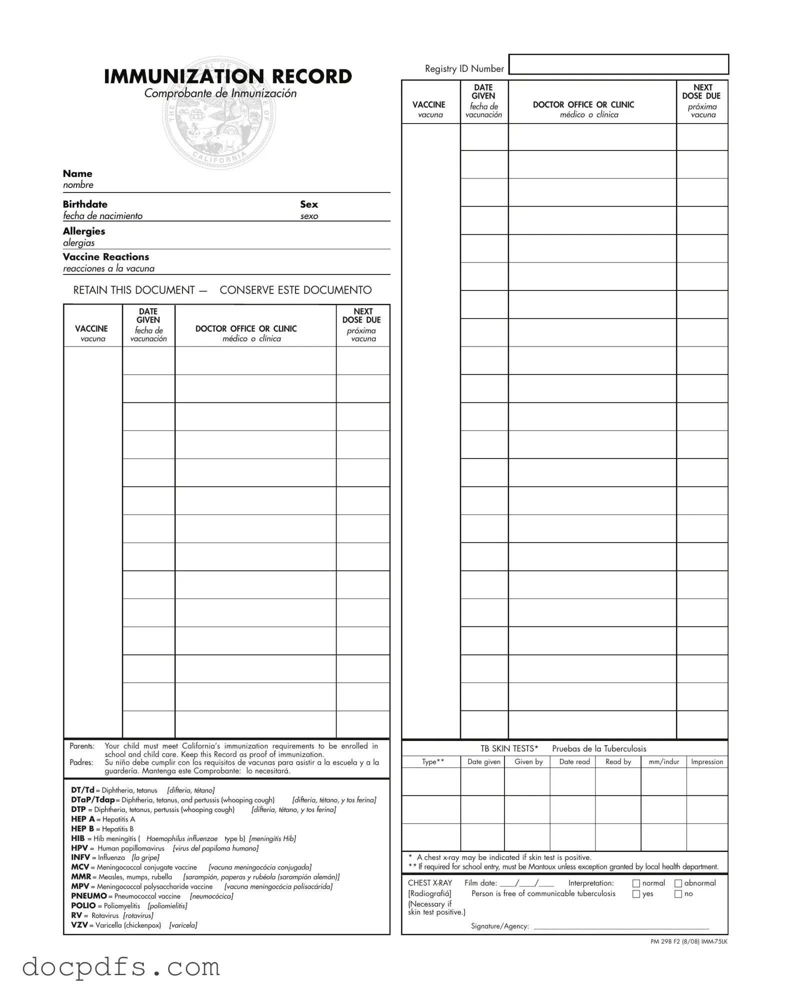 Immunization Record Template in PDF