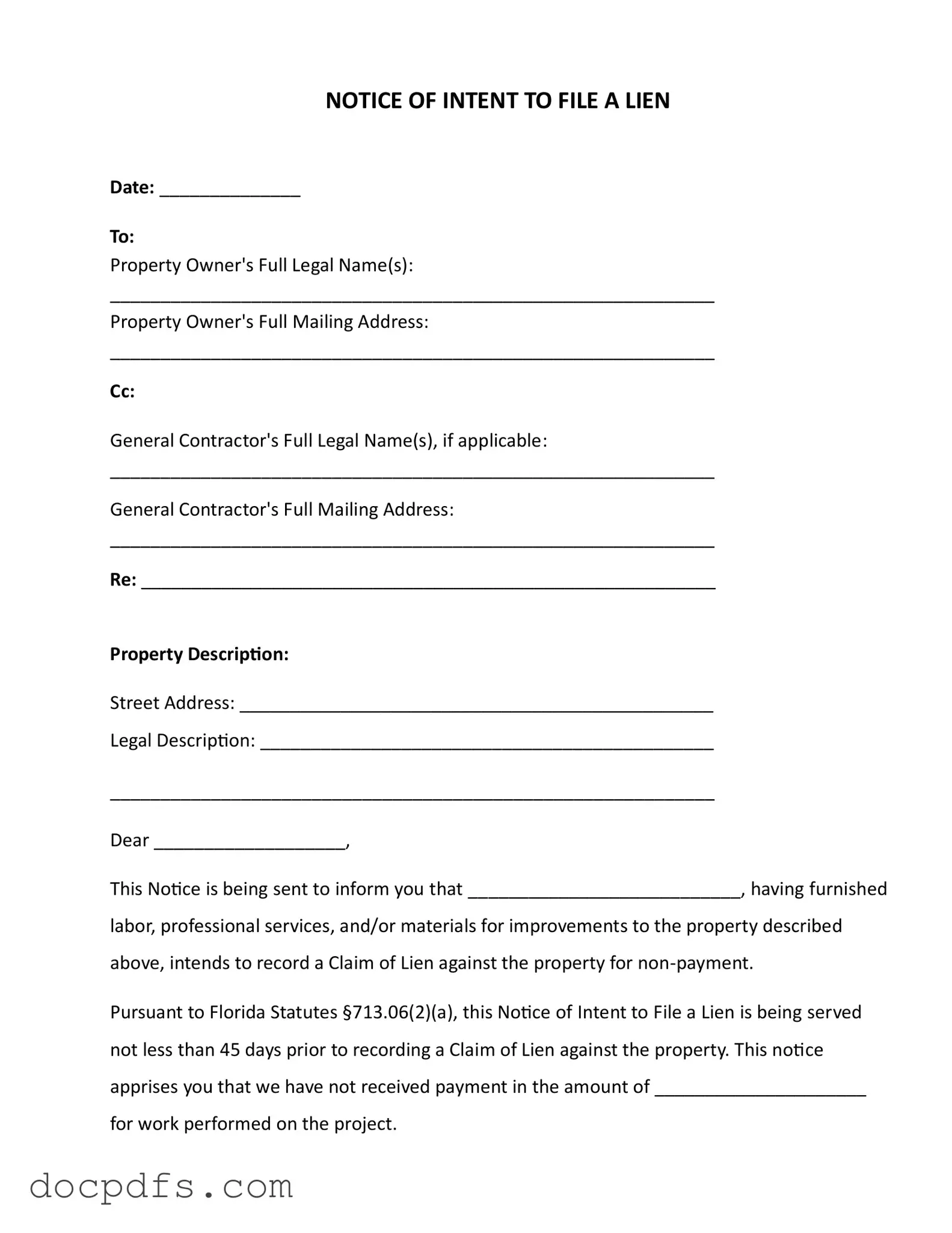 Intent To Lien Florida Template in PDF