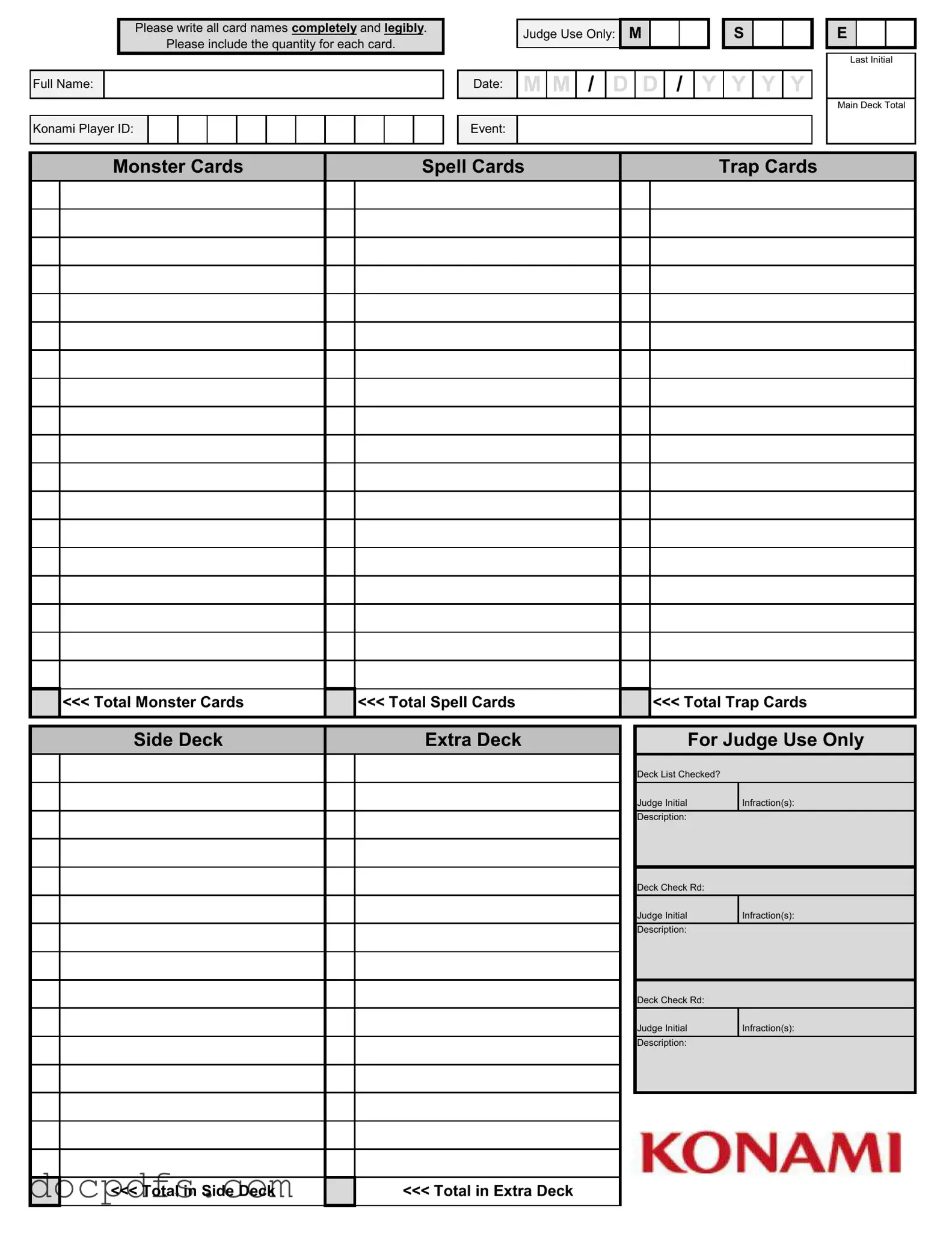 Konami Decklist Template in PDF