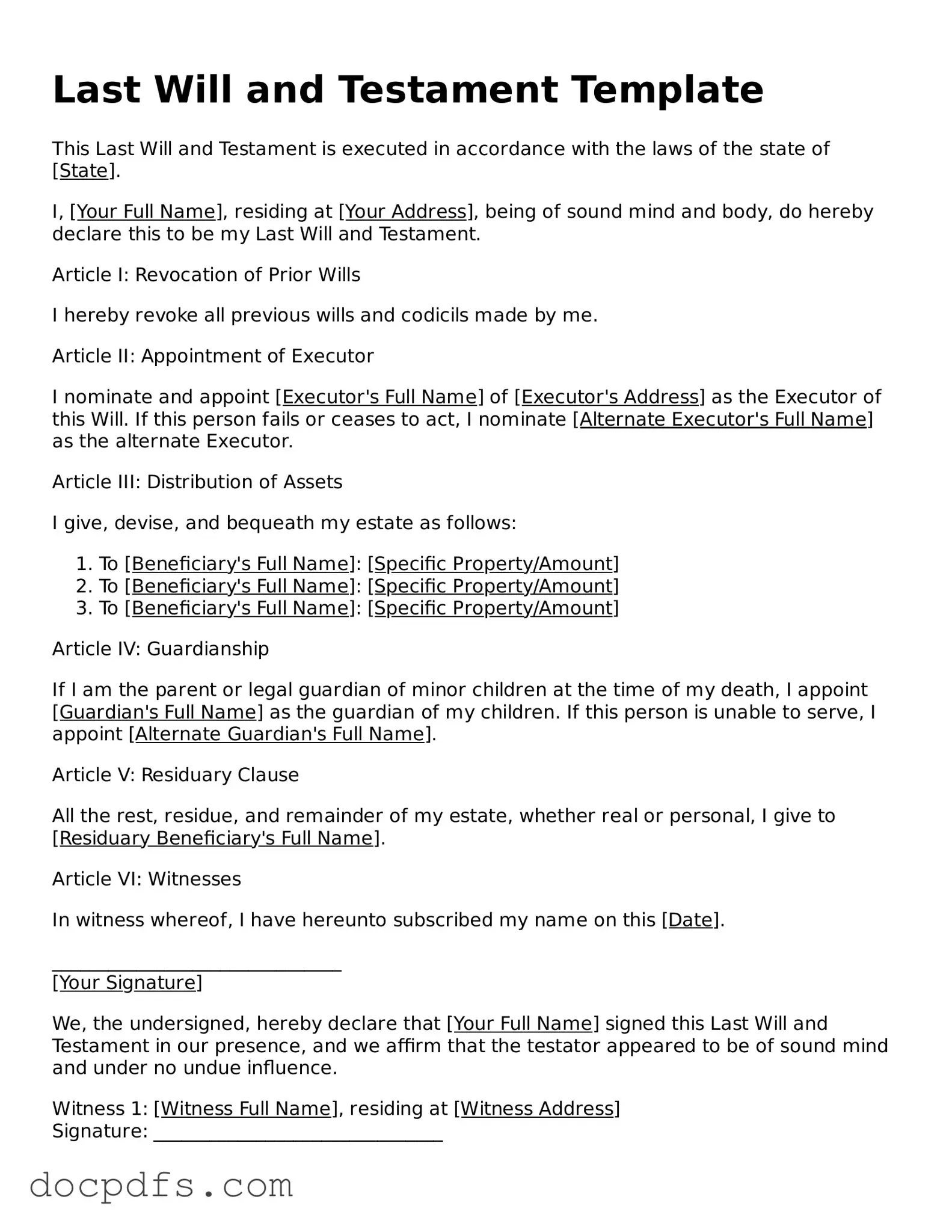 Legal Last Will and Testament Document