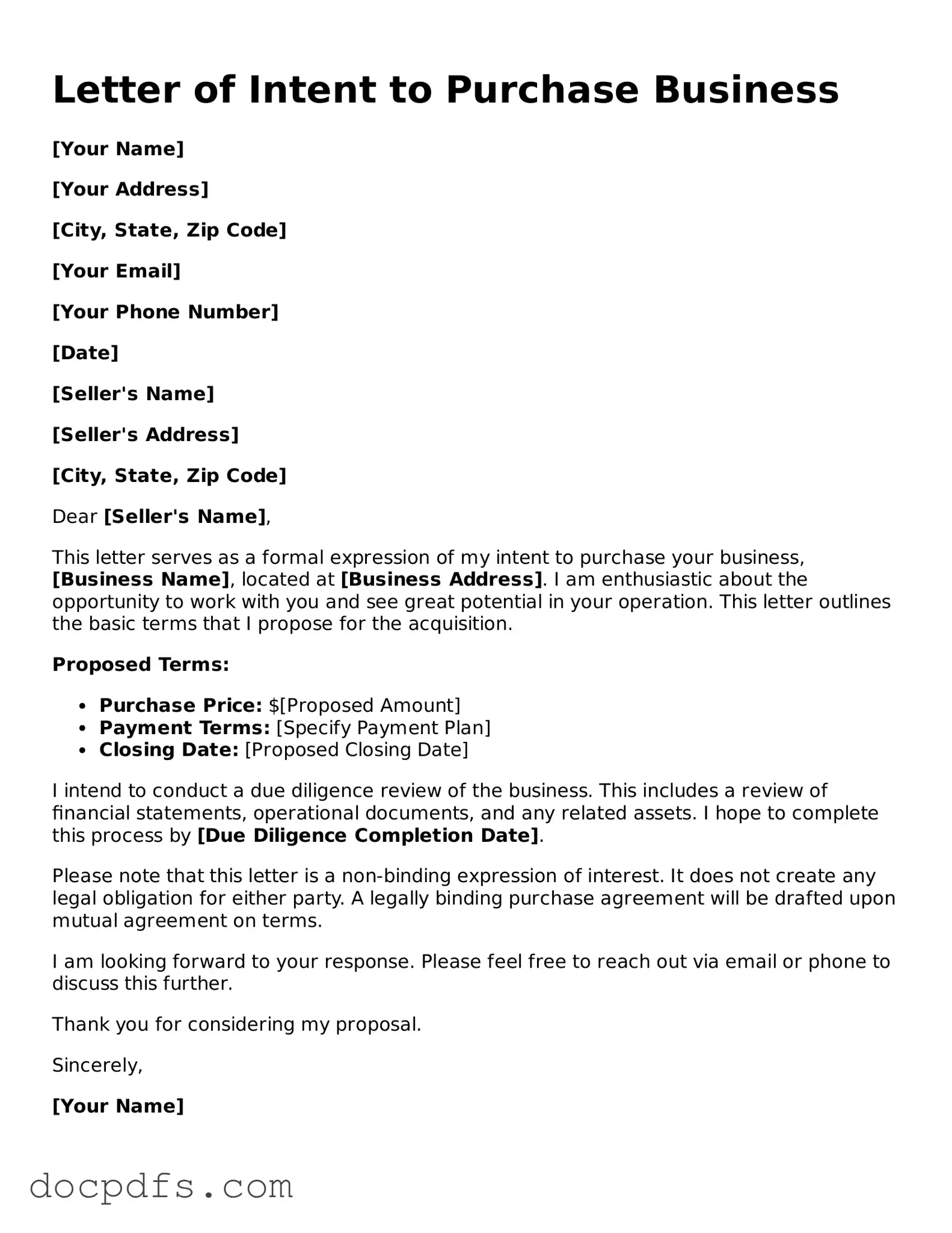 Legal Letter of Intent to Purchase Business Document