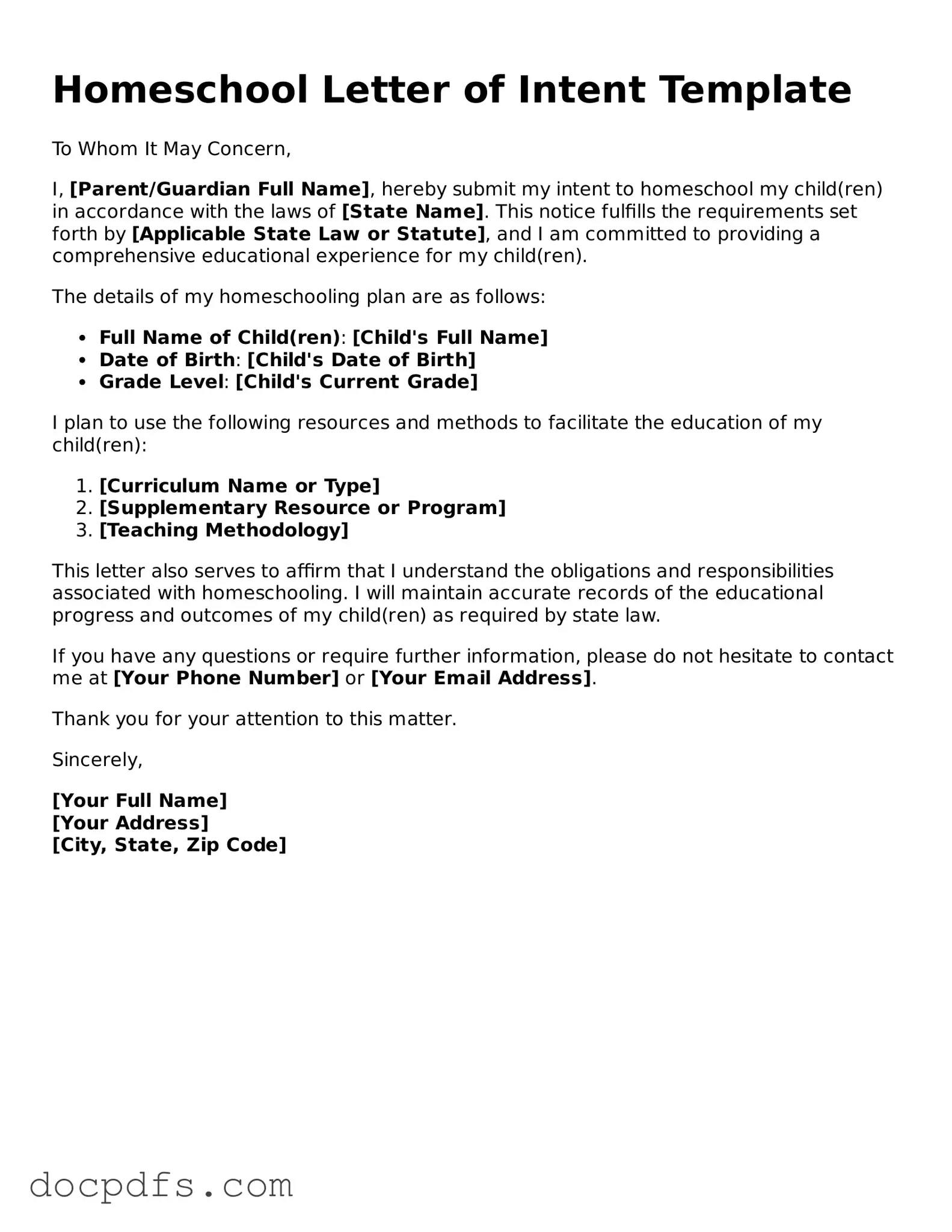 Legal Homeschool Letter of Intent Document