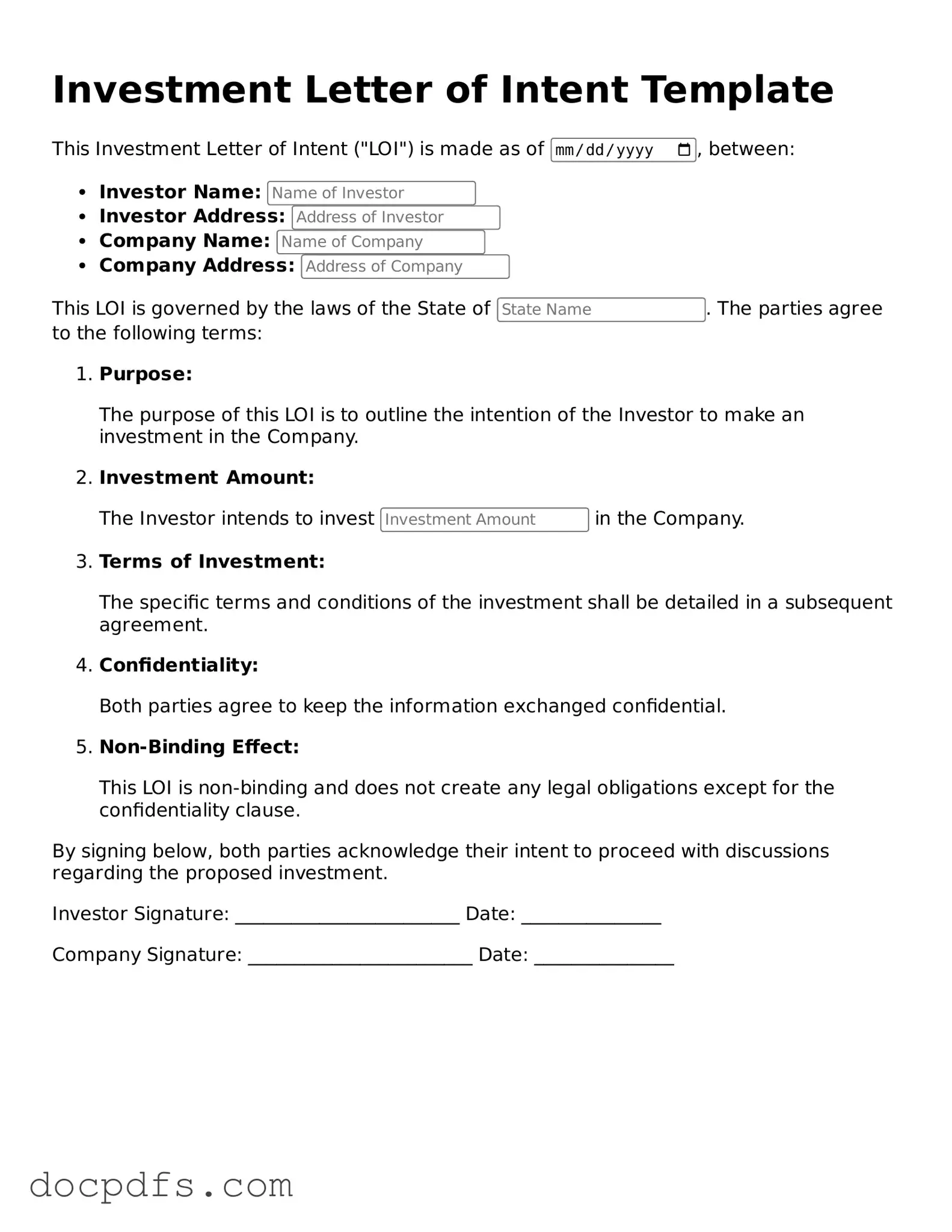 Legal Investment Letter of Intent Document
