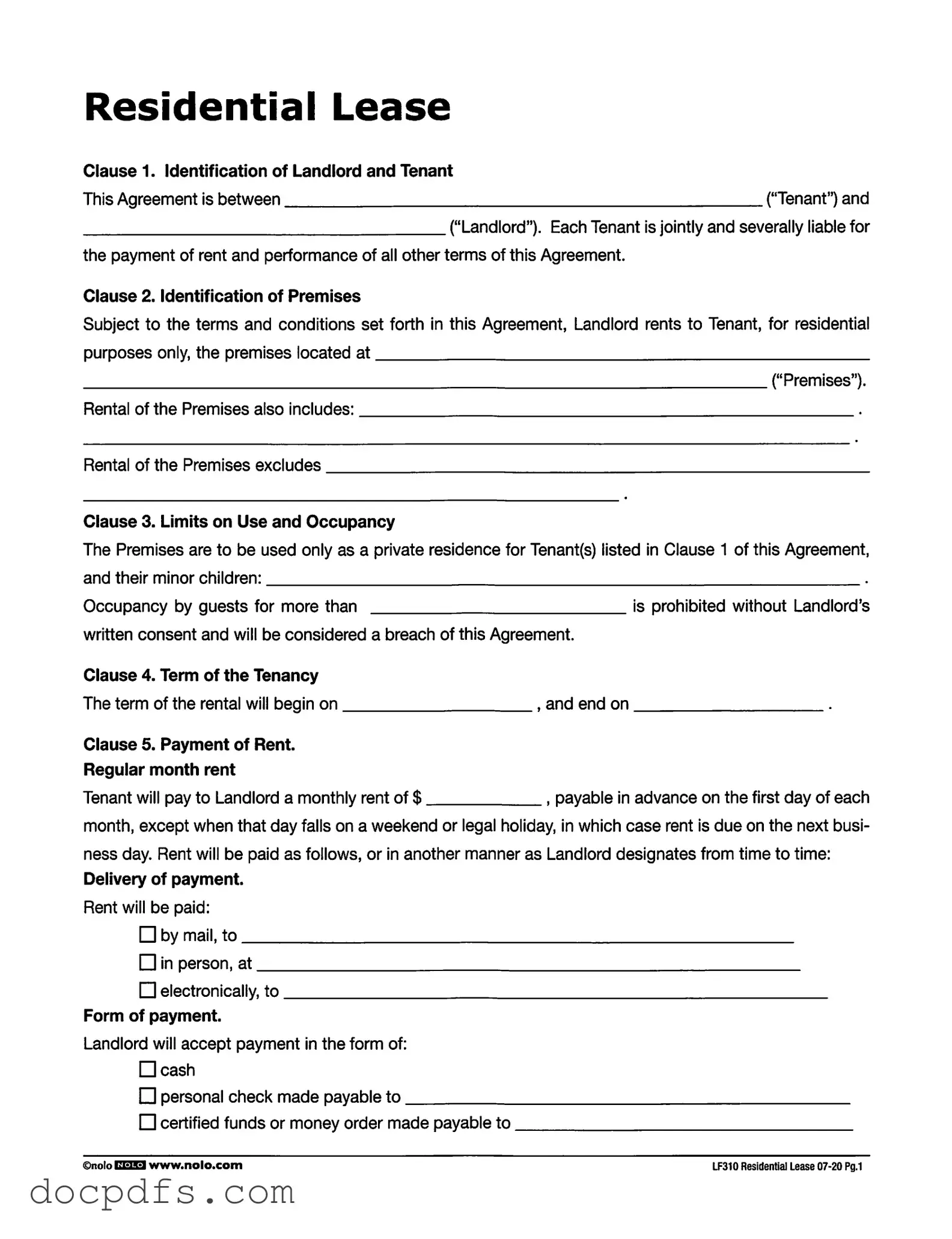 Lf310 Residential Lease Template in PDF