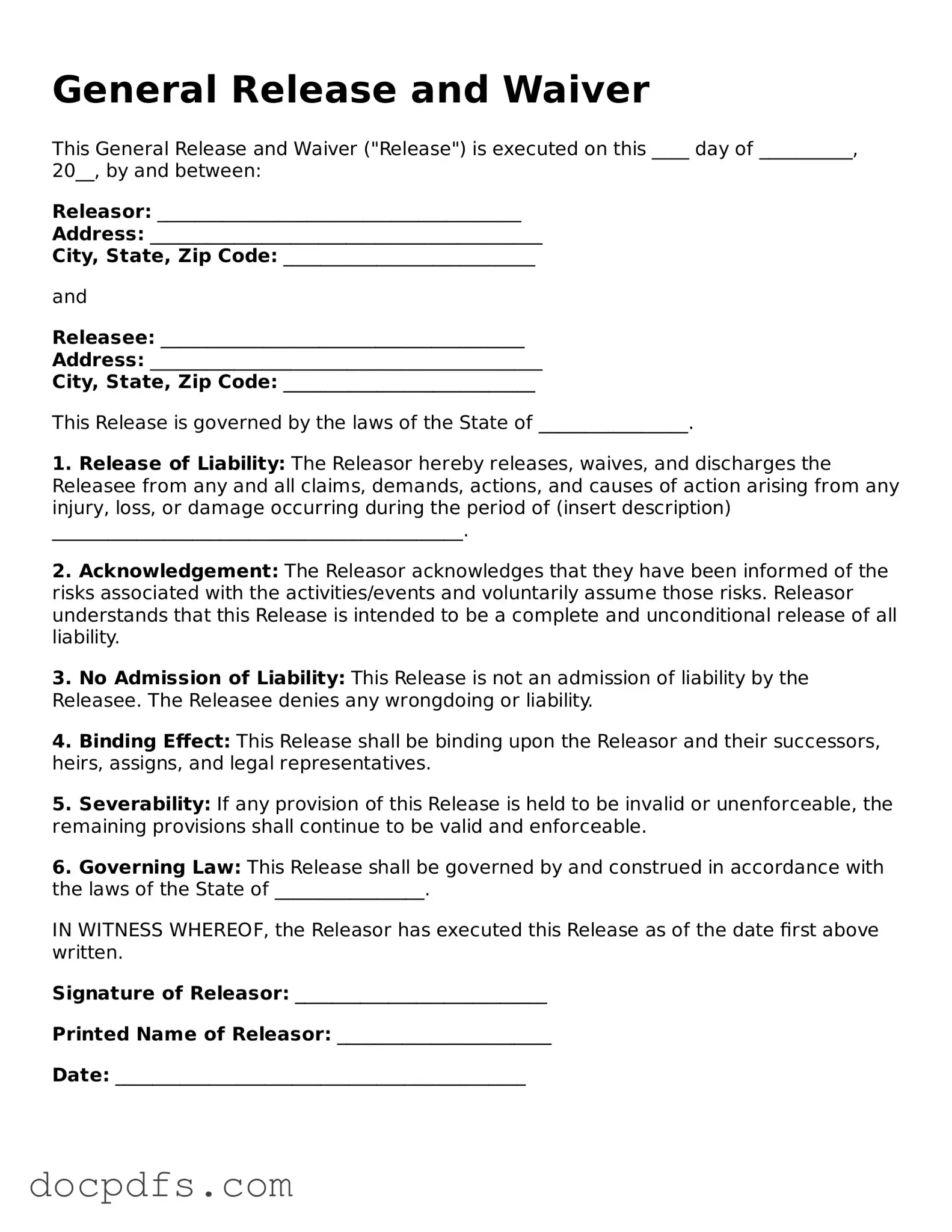 Legal General Release and Waiver Document