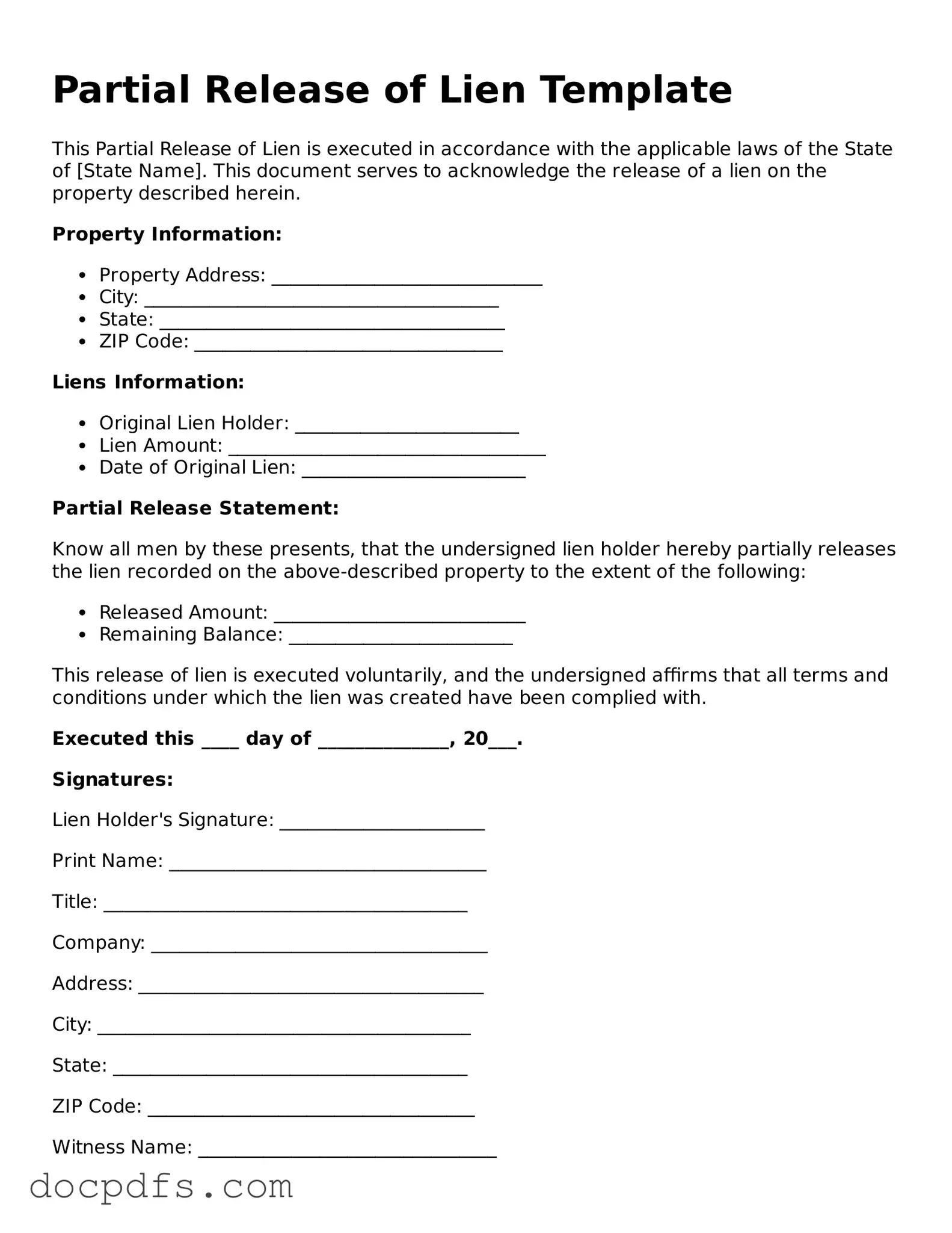 Legal Partial Release of Lien Document