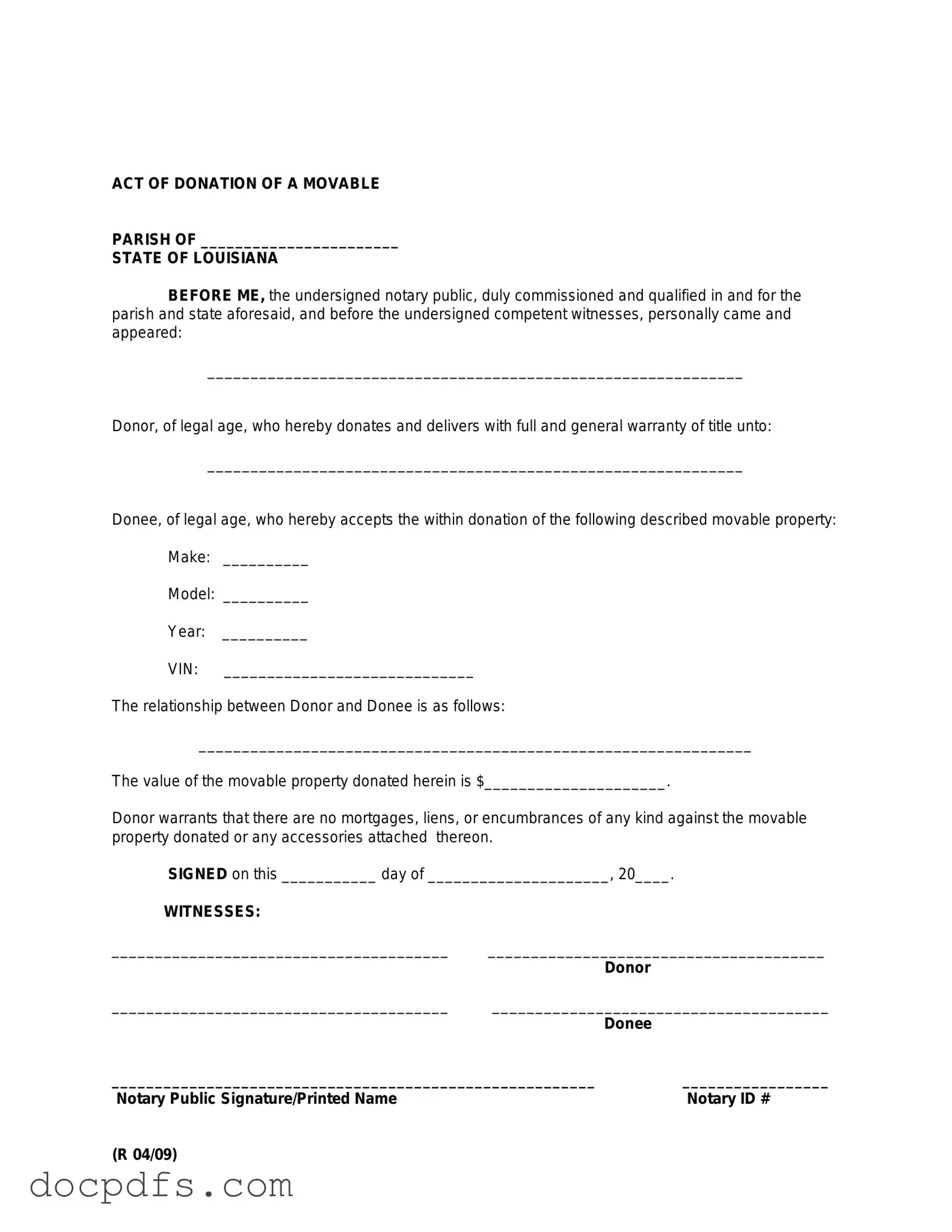 Louisiana act of donation Template in PDF