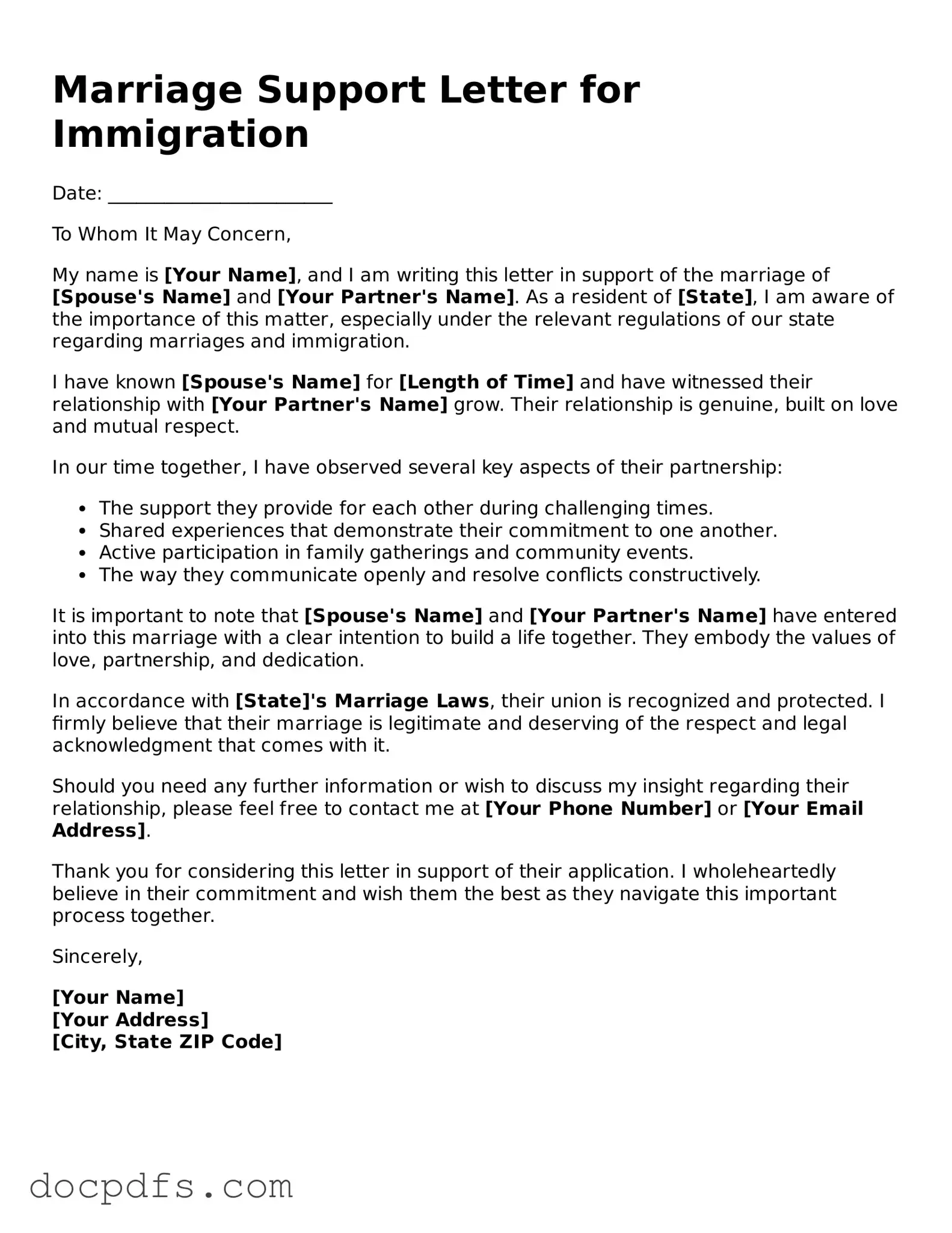 Legal Marriage Support Letter for Immigration Document