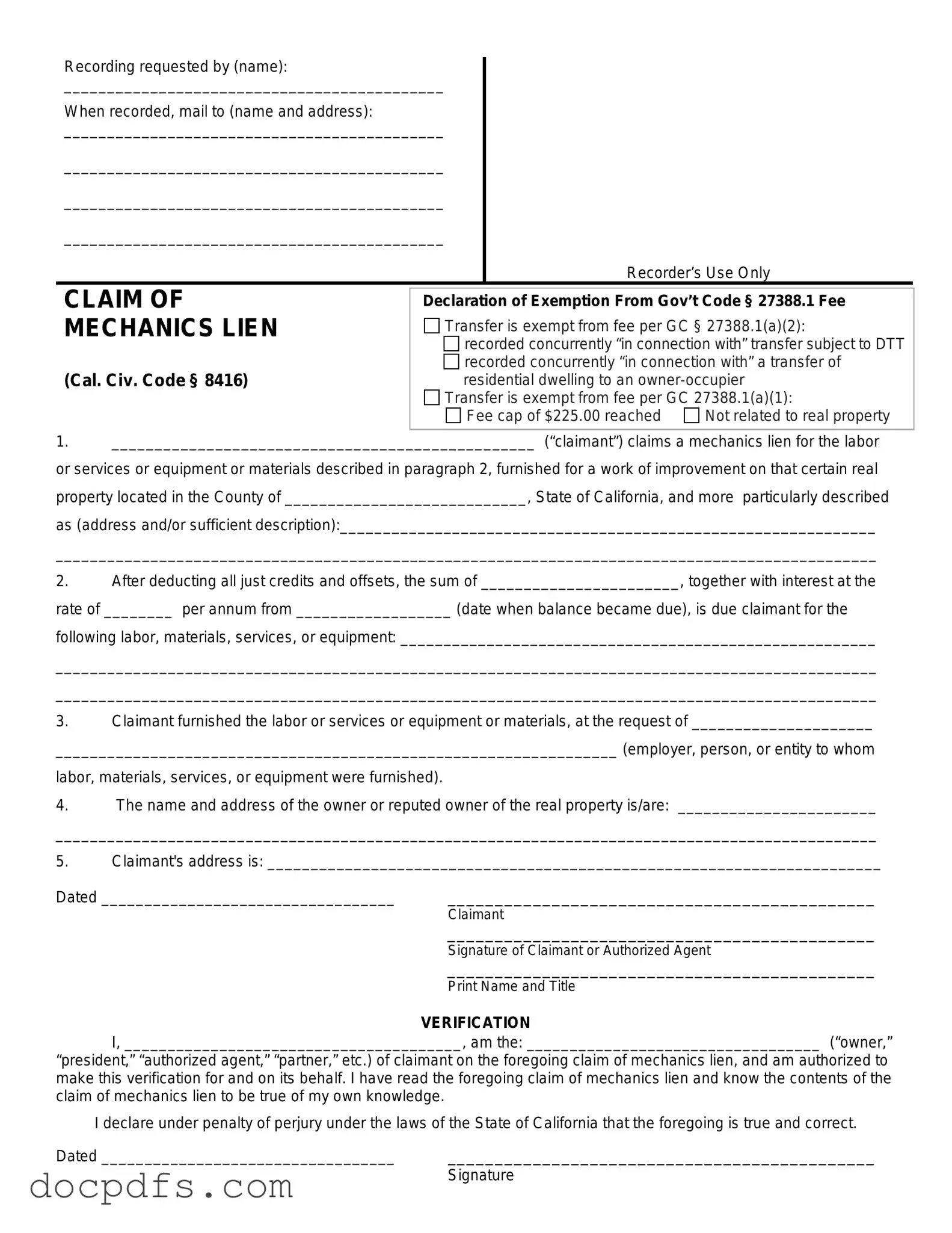Mechanics Lien California Template in PDF