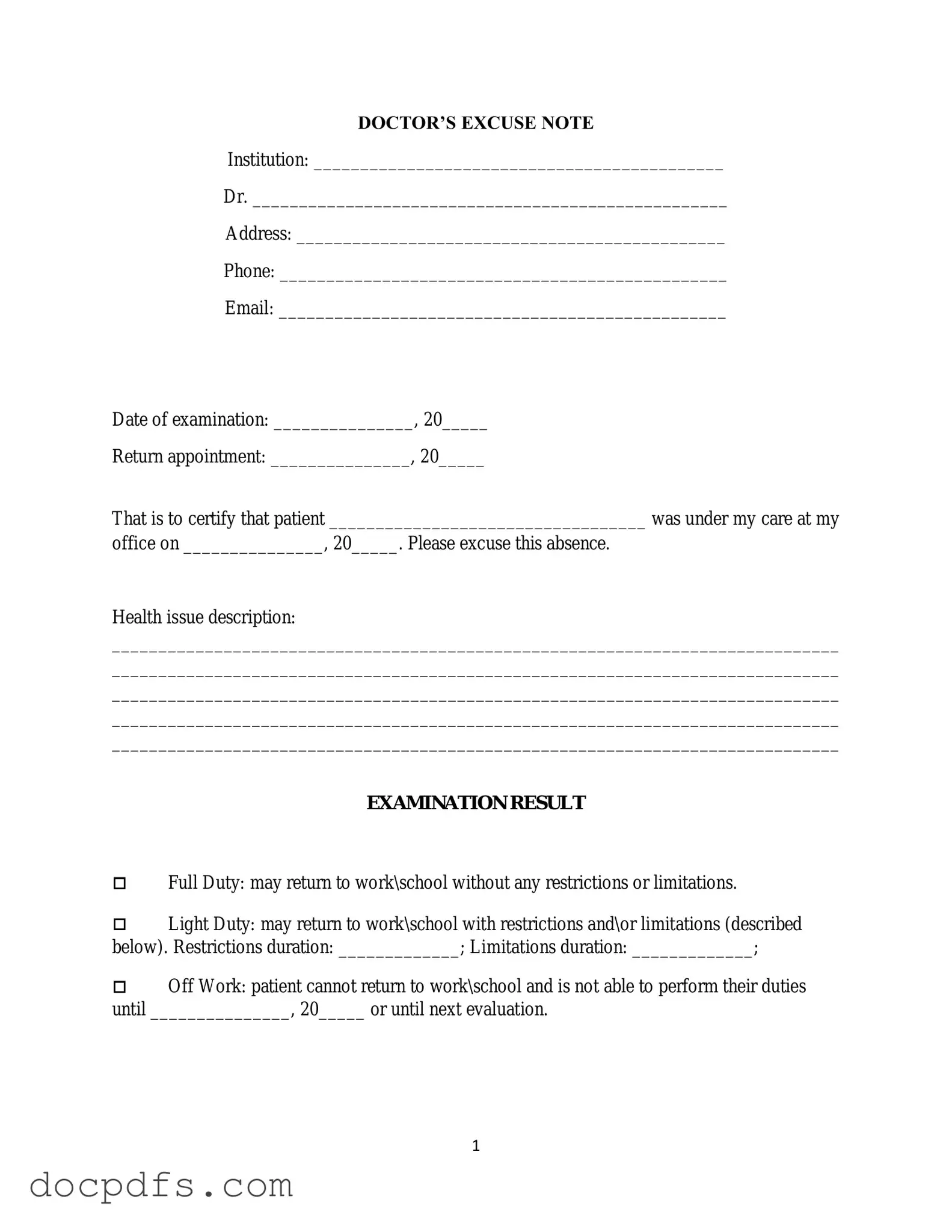 Doctors Excuse Note Template in PDF