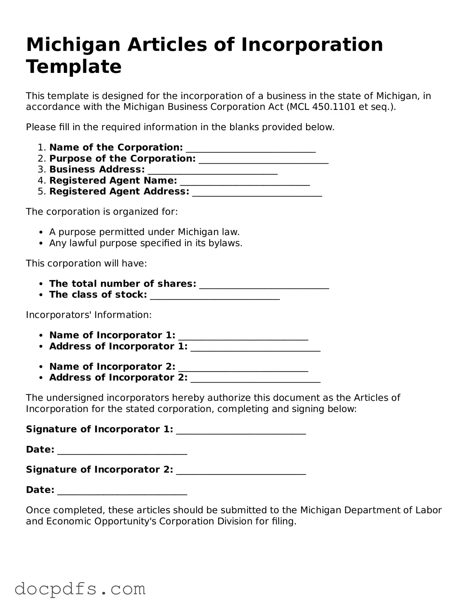 Free Michigan Articles of Incorporation Form