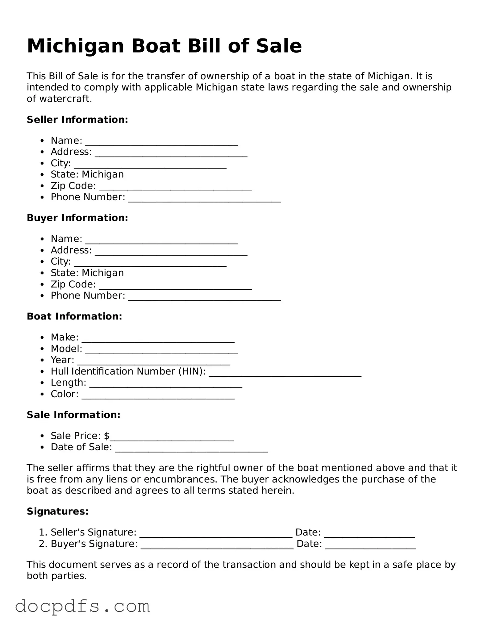 Free Michigan Boat Bill of Sale Form