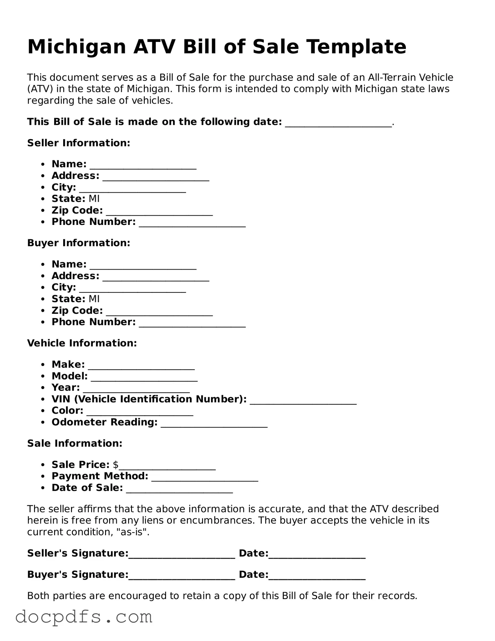 Free Michigan ATV Bill of Sale Form