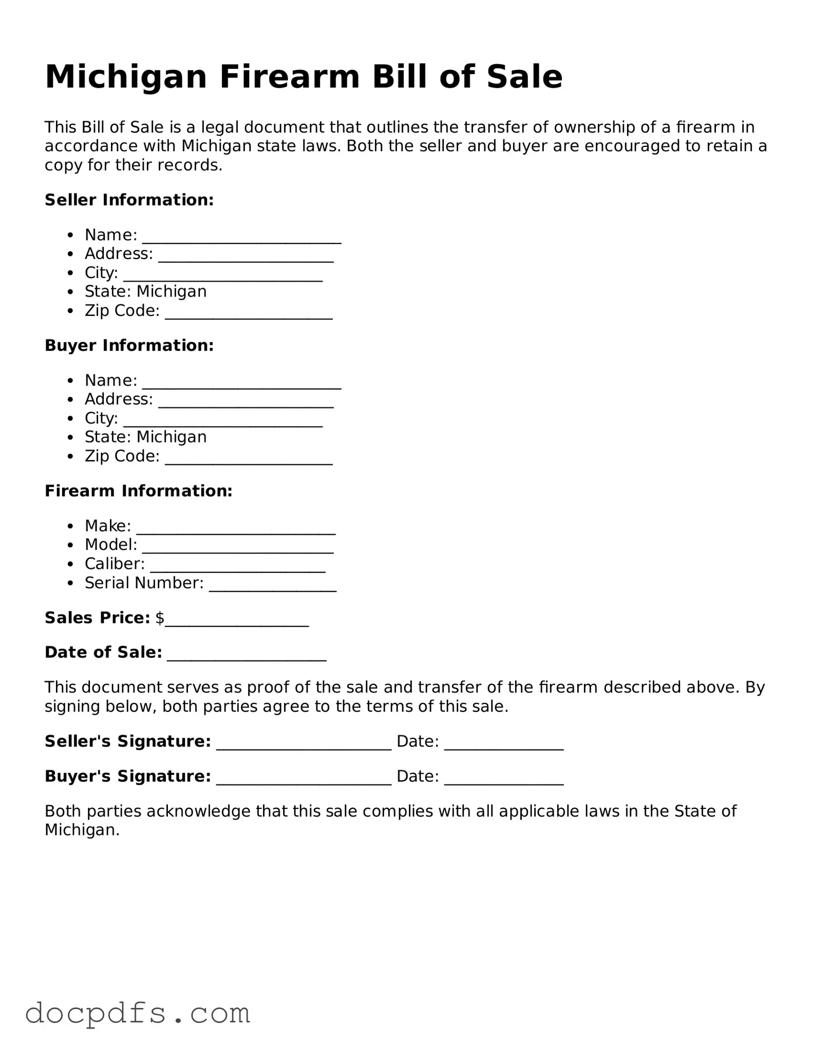 Free Michigan Firearm Bill of Sale Form