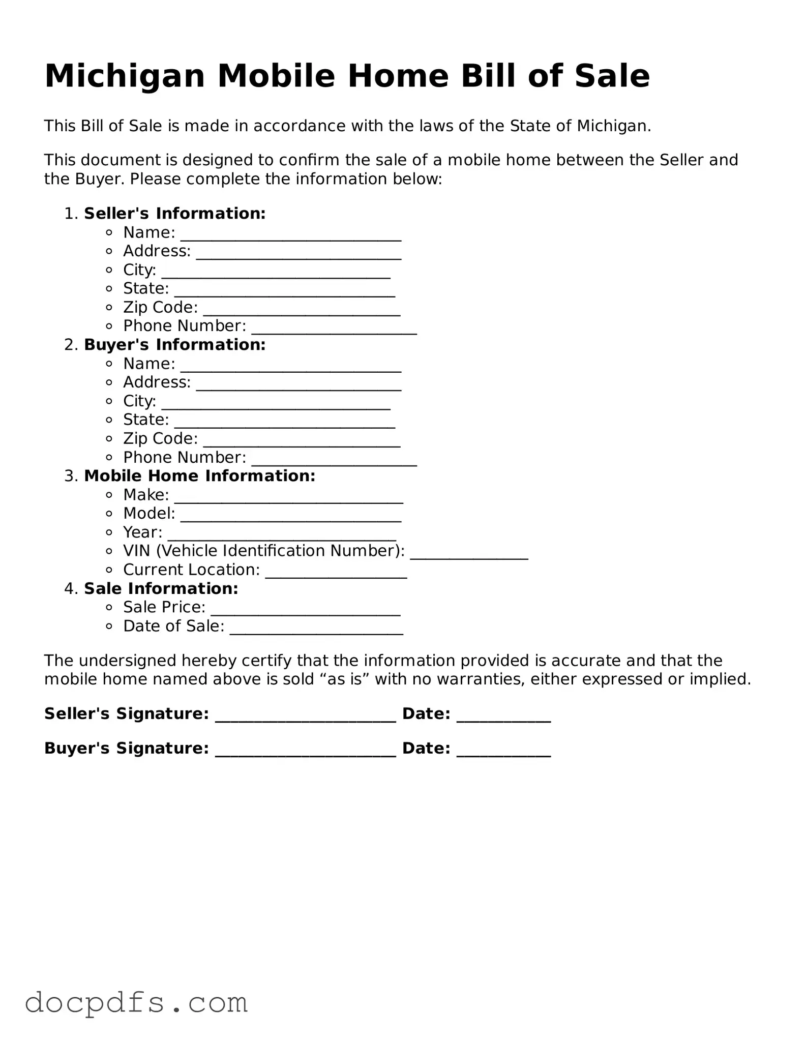 Free Michigan Mobile Home Bill of Sale Form