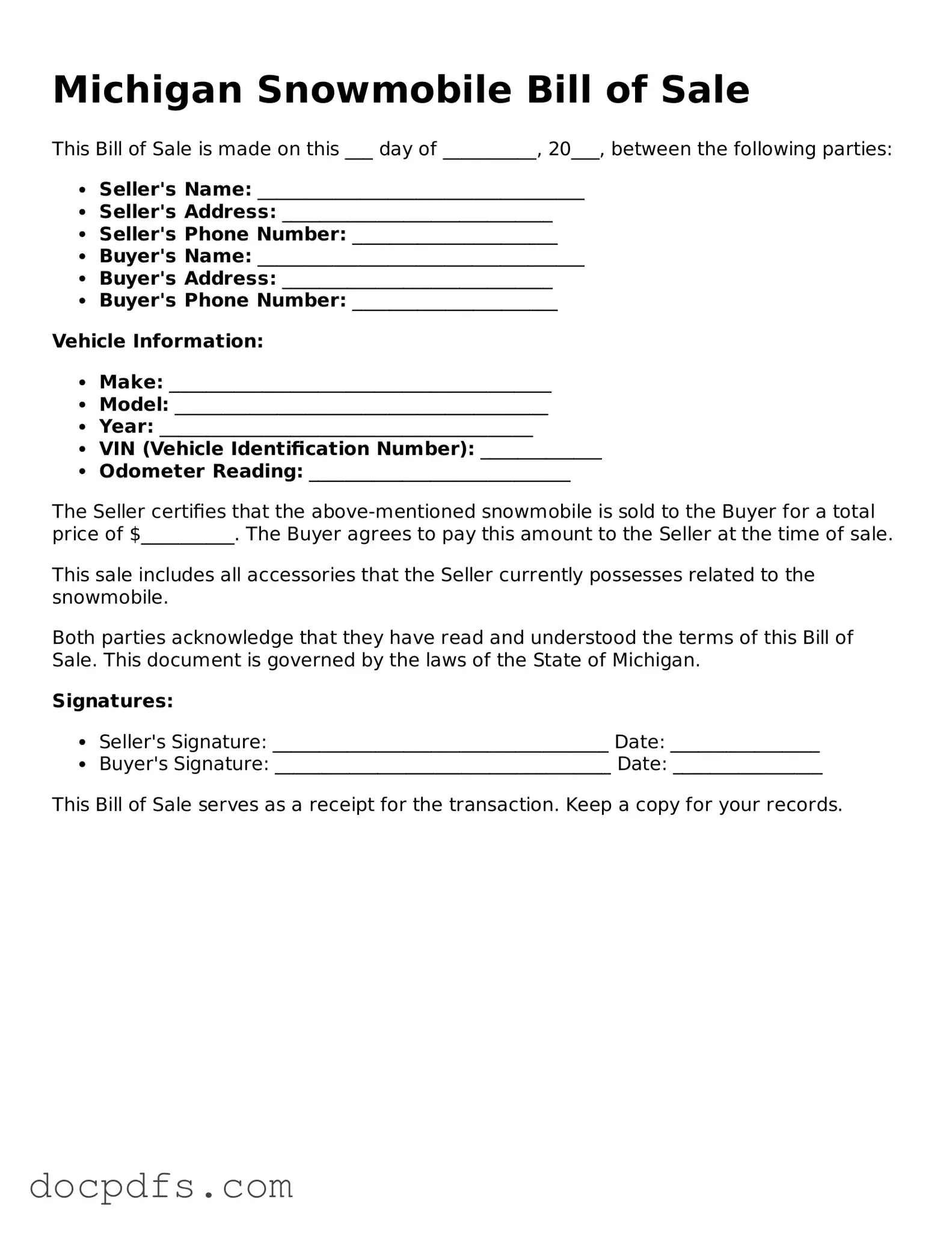Free Michigan Snowmobile Bill of Sale Form