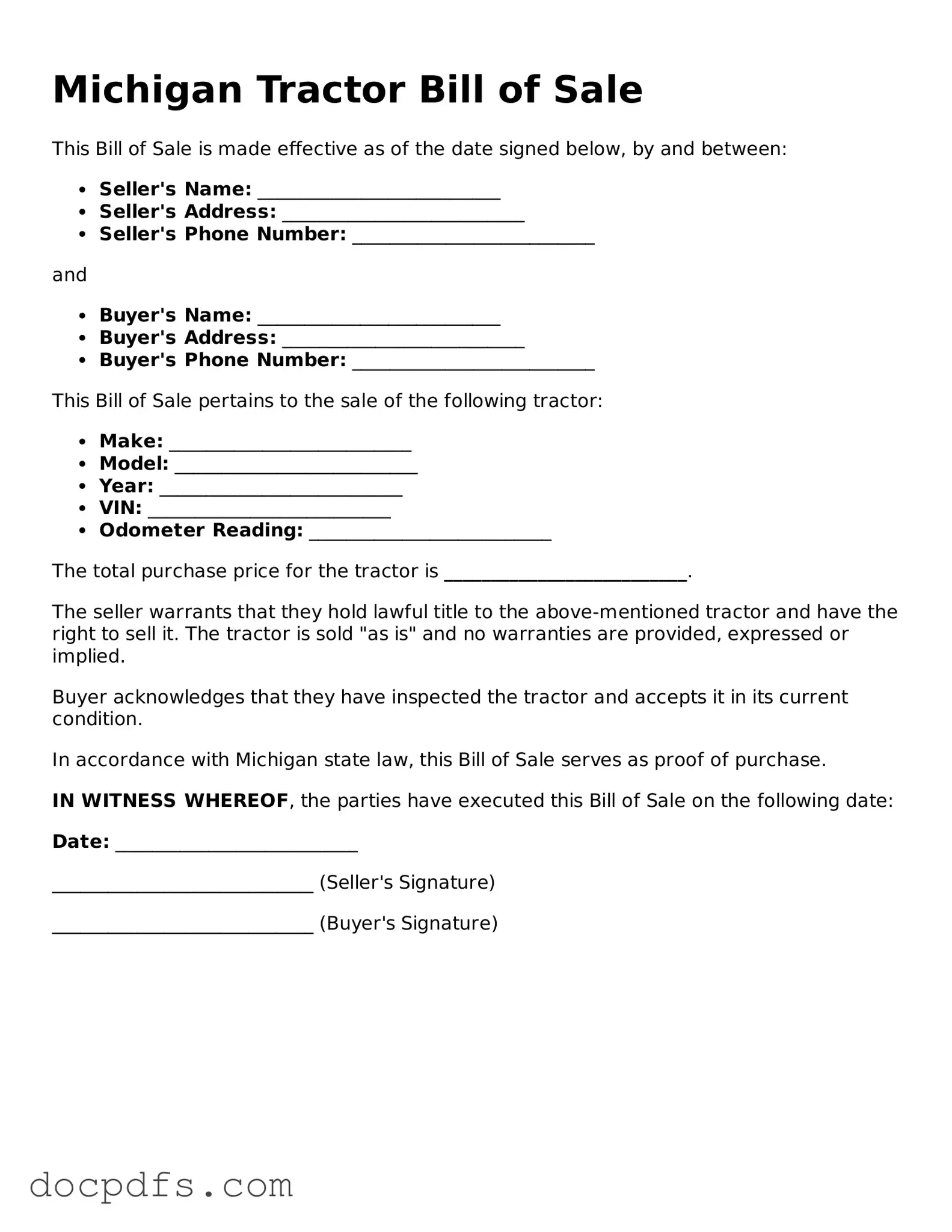 Free Michigan Tractor Bill of Sale Form