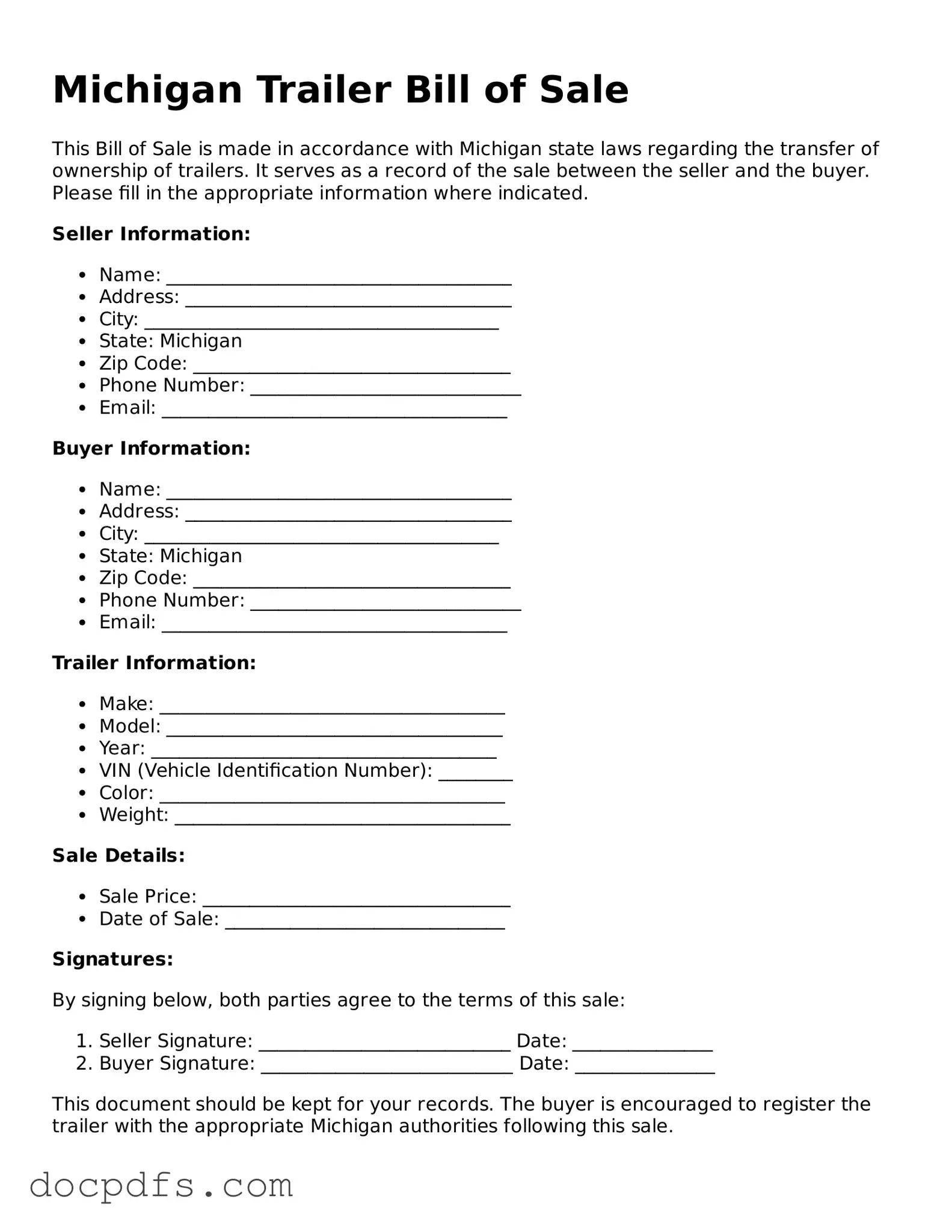 Free Michigan Trailer Bill of Sale Form