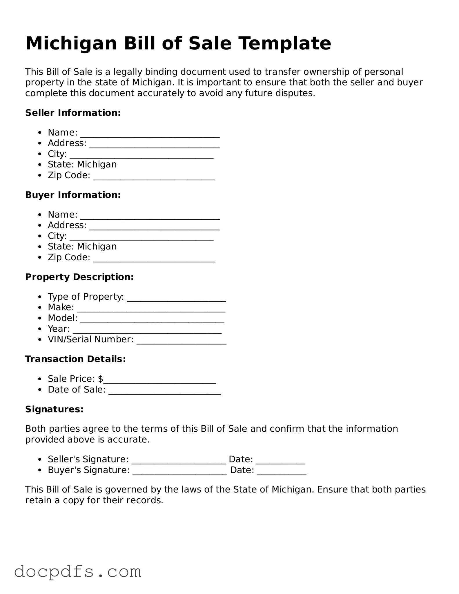 Free Michigan Bill of Sale Form