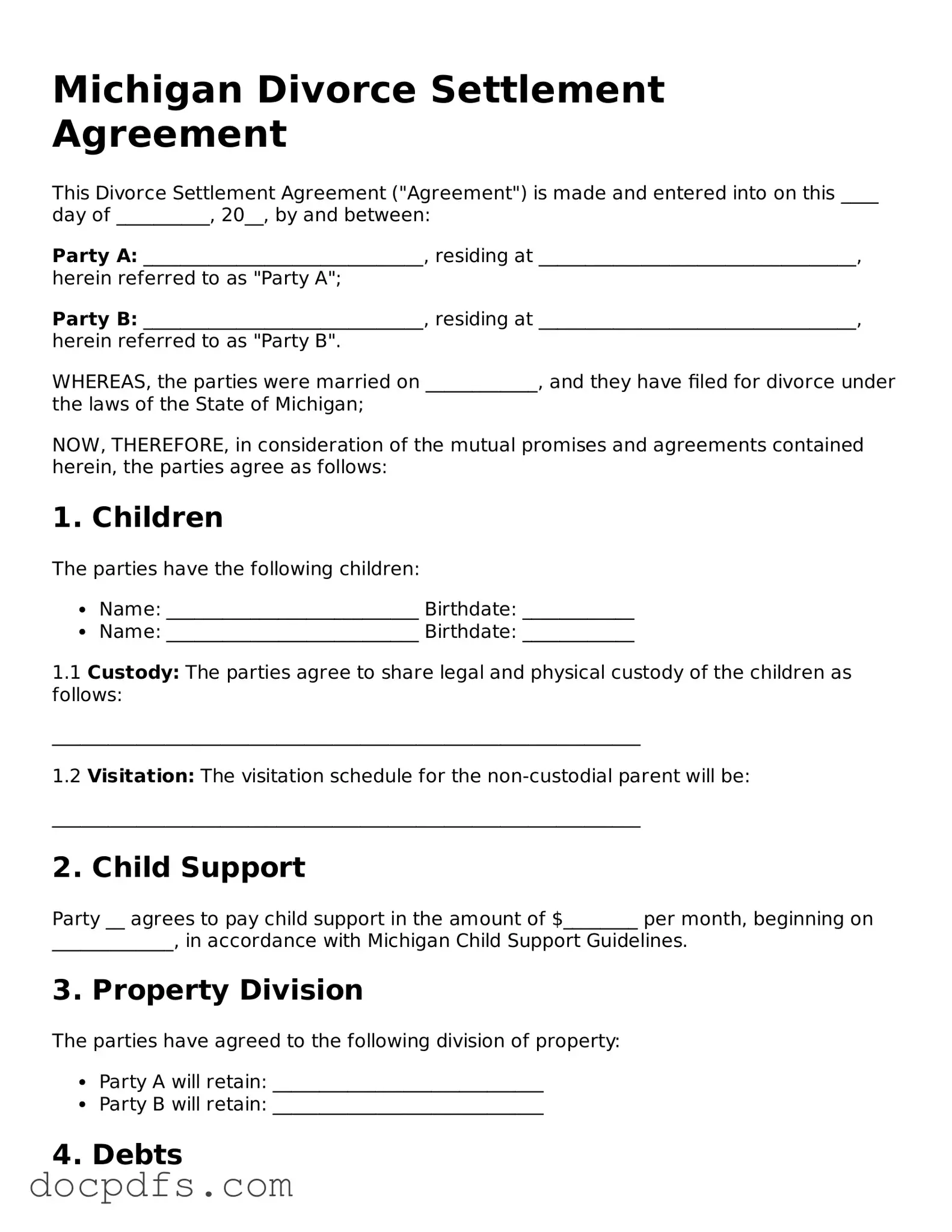 Free Michigan Divorce Settlement Agreement Form