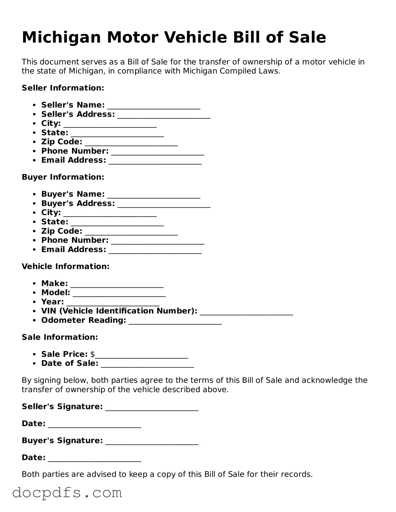 Free Michigan Motor Vehicle Bill of Sale Form