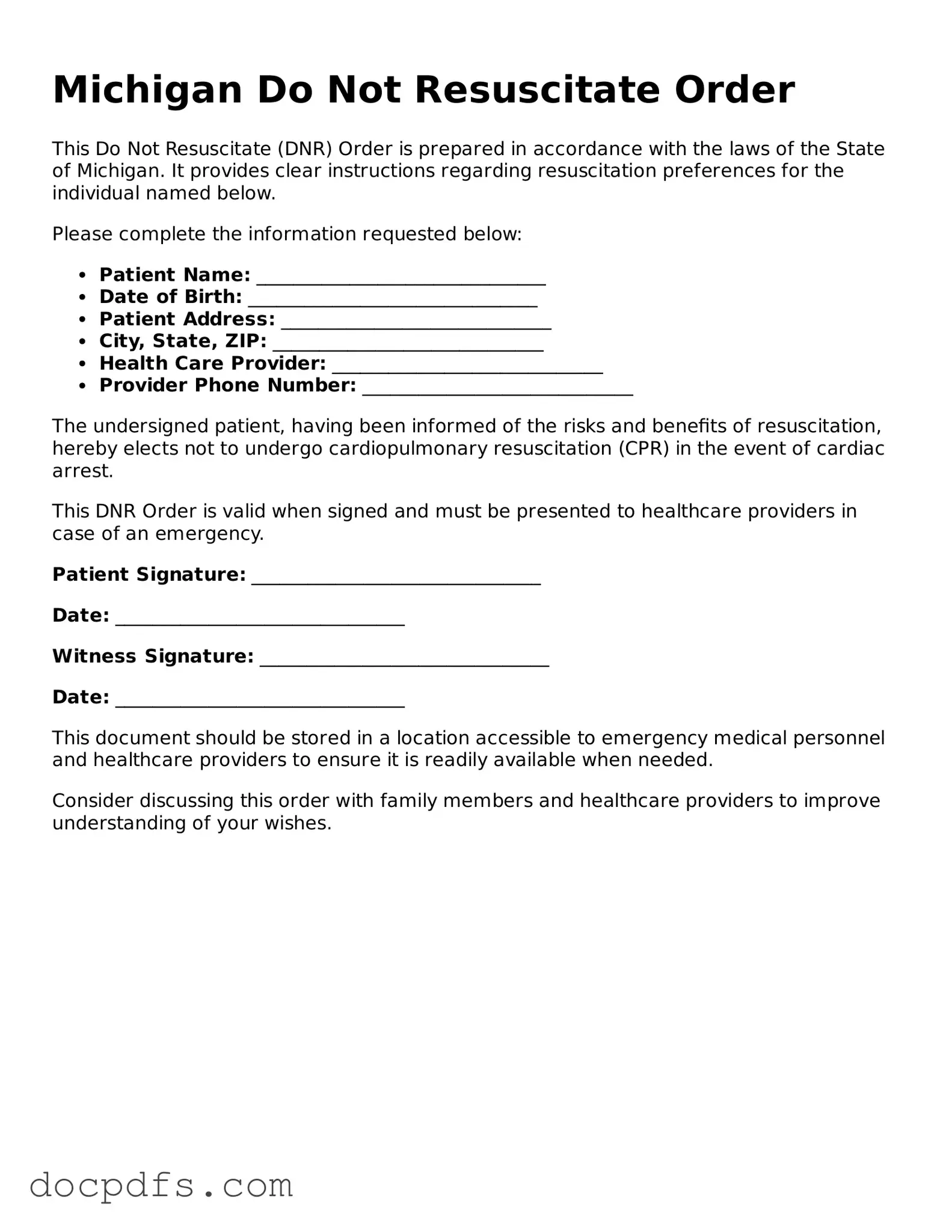 Free Michigan Do Not Resuscitate Order Form