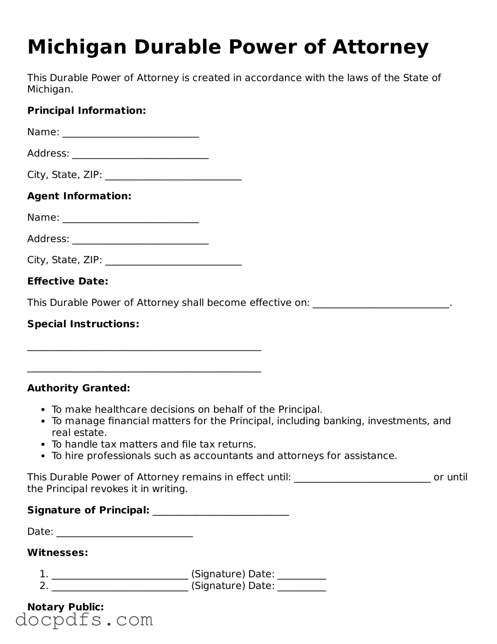 Free Michigan Durable Power of Attorney Form