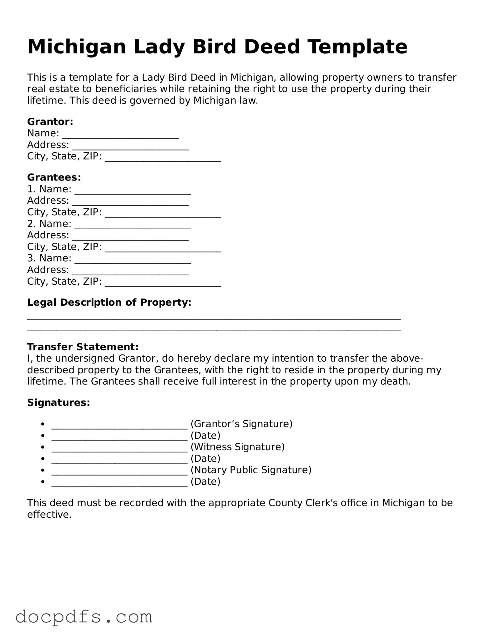 Free Michigan Lady Bird Deed Form