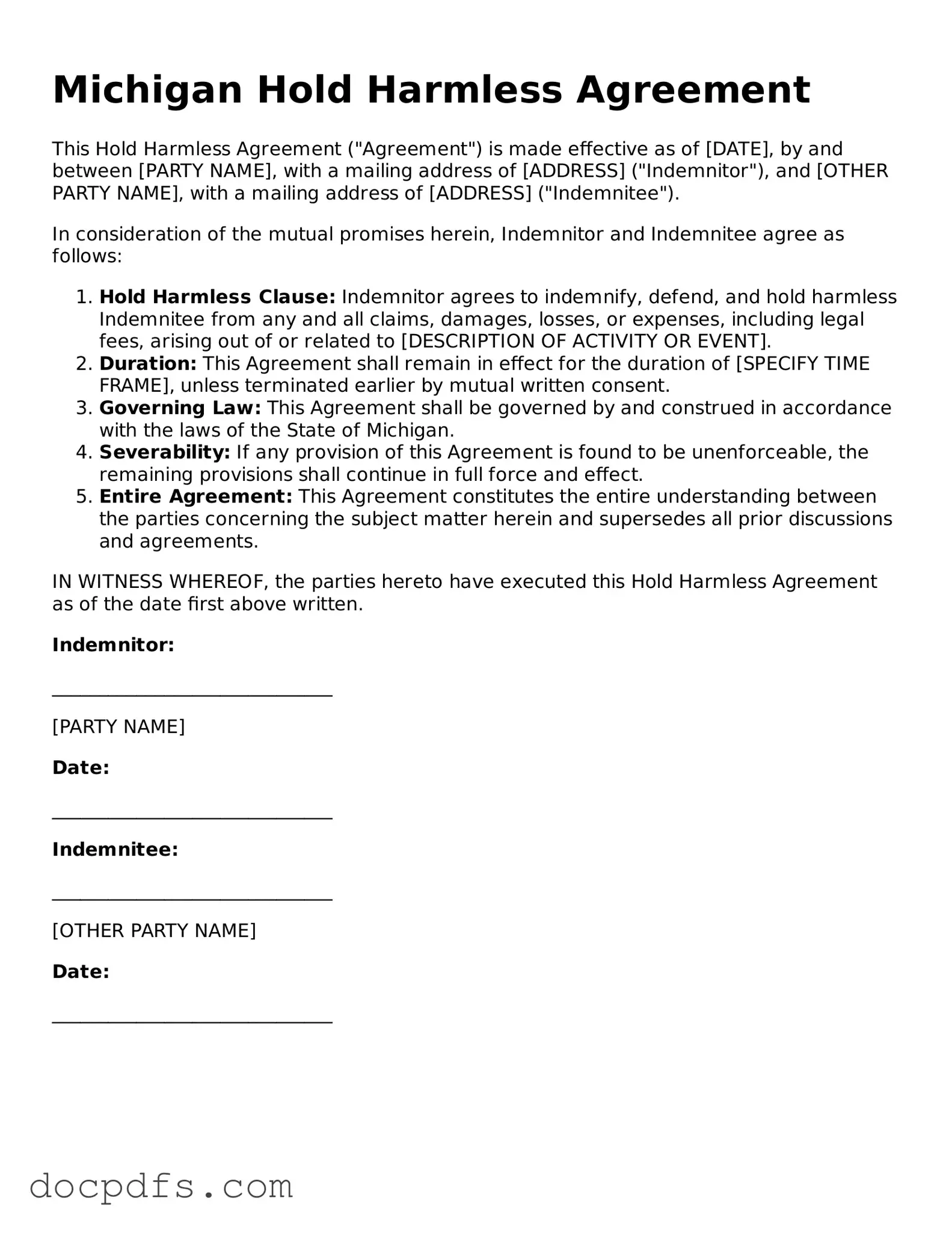 Free Michigan Hold Harmless Agreement Form