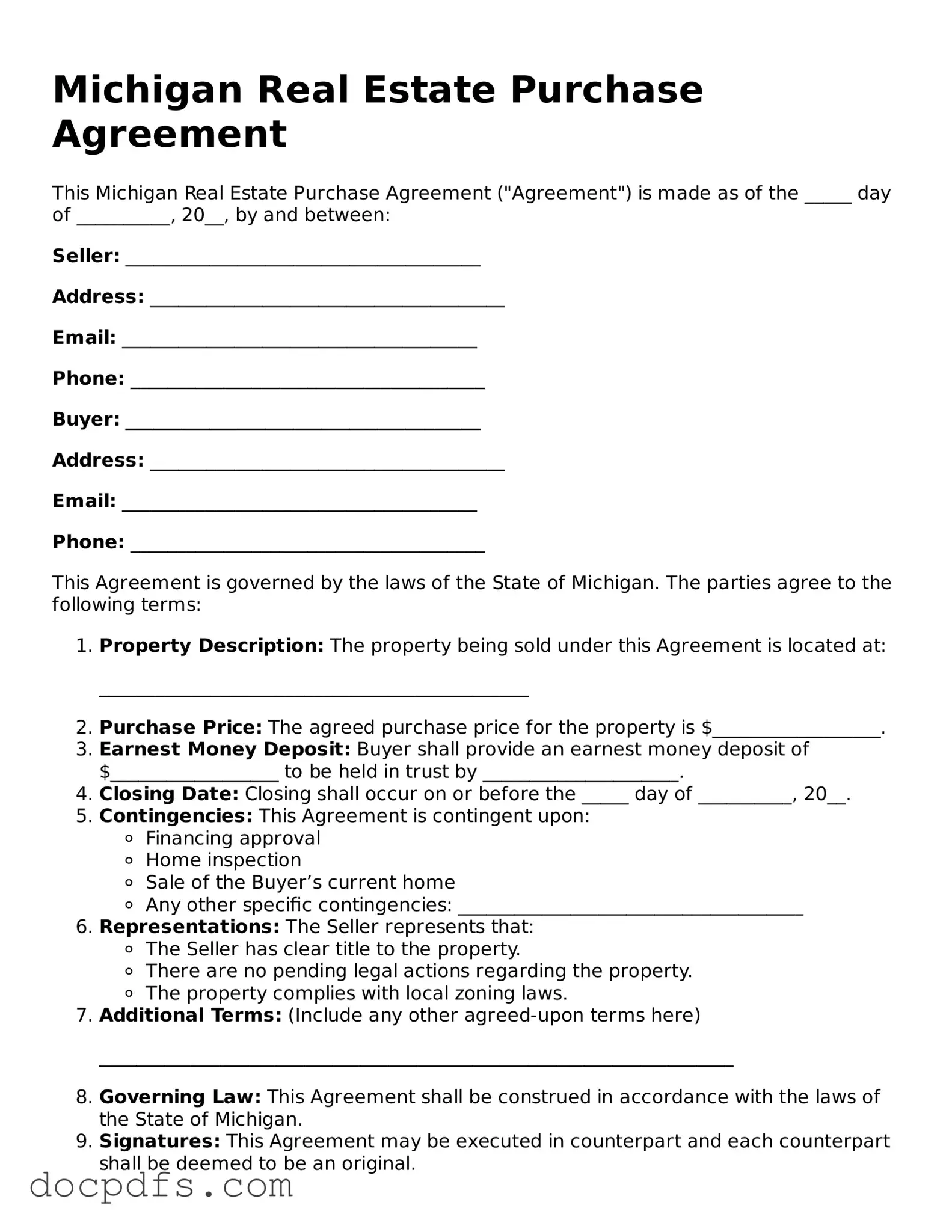Free Michigan Real Estate Purchase Agreement Form