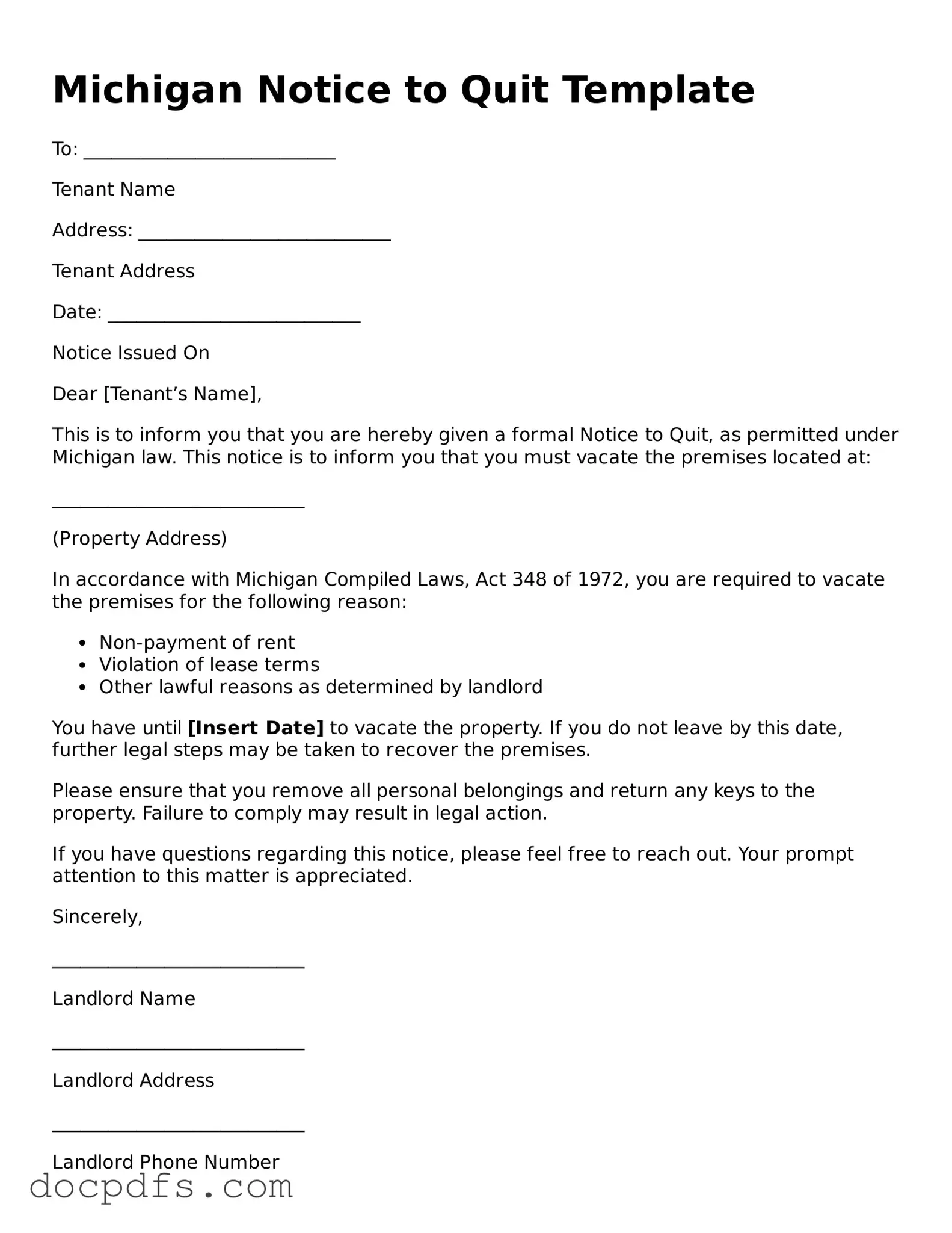 Free Michigan Notice to Quit Form