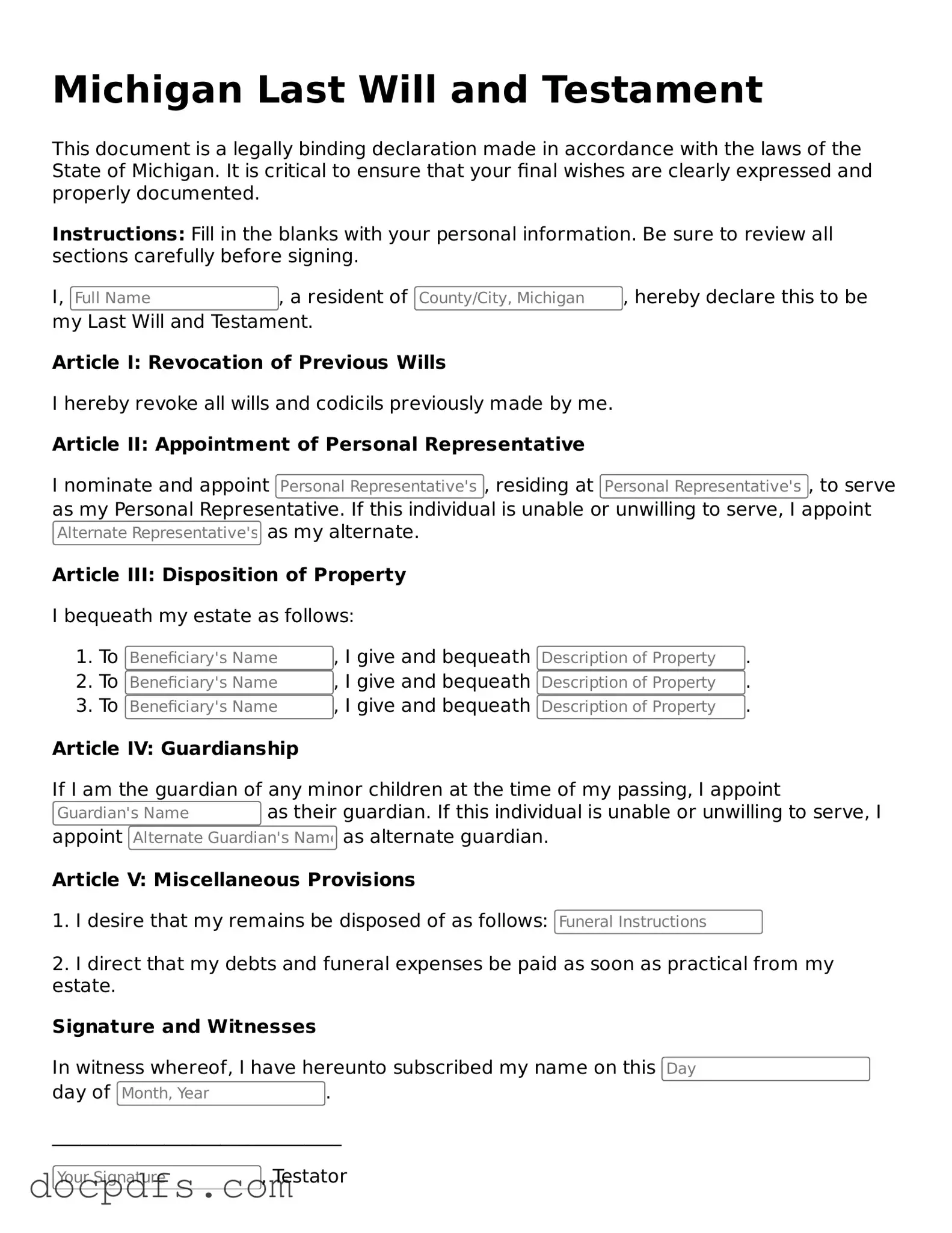 Free Michigan Last Will and Testament Form