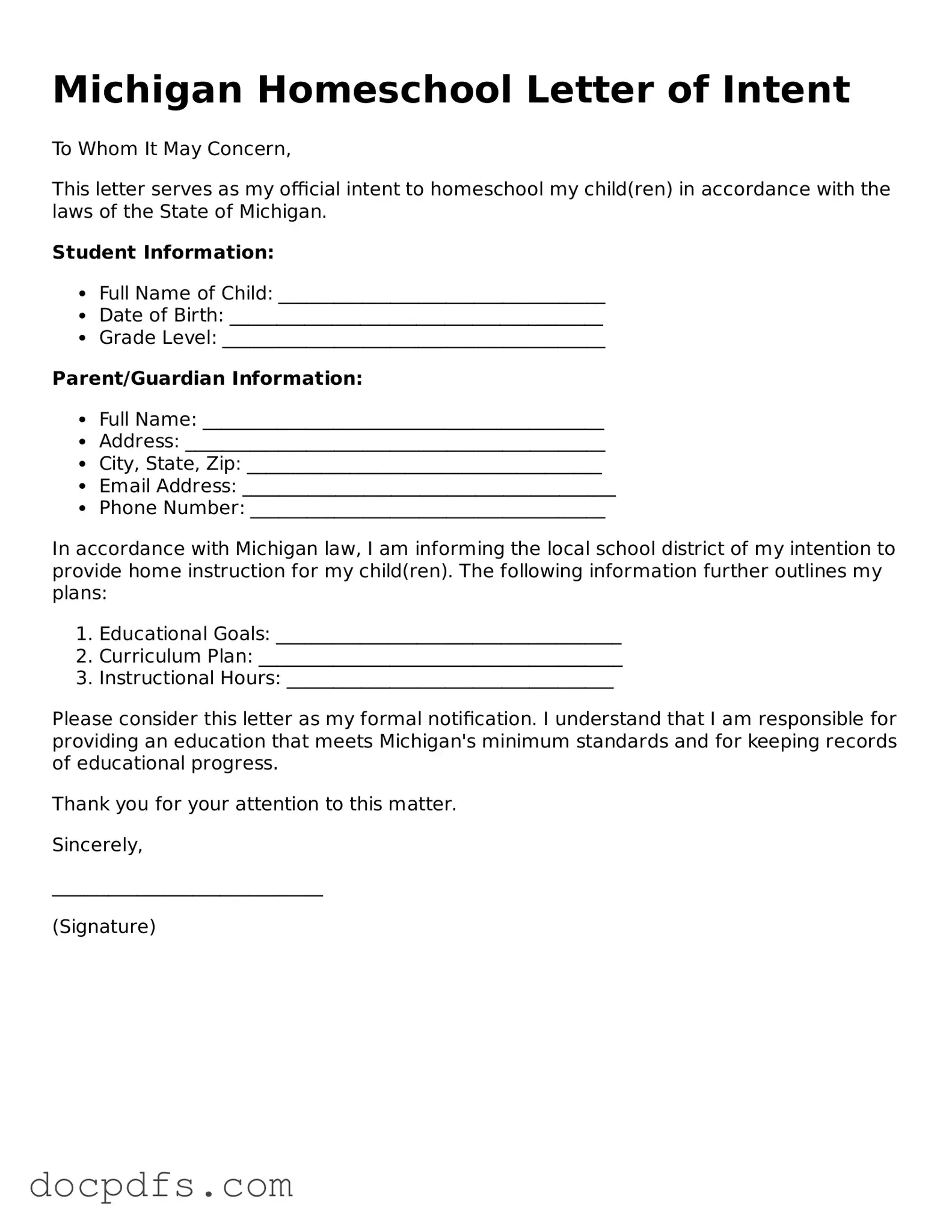 Free Michigan Homeschool Letter of Intent Form