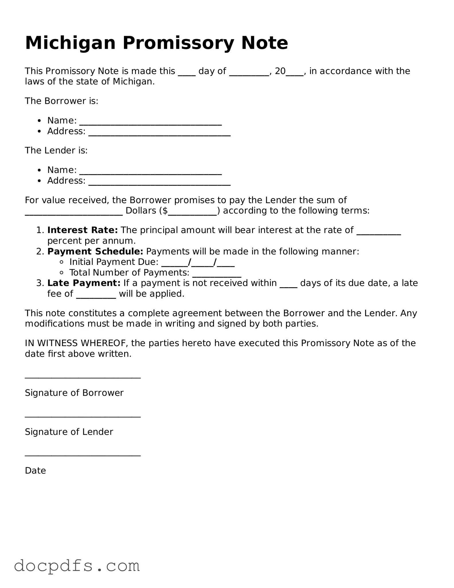 Free Michigan Promissory Note Form