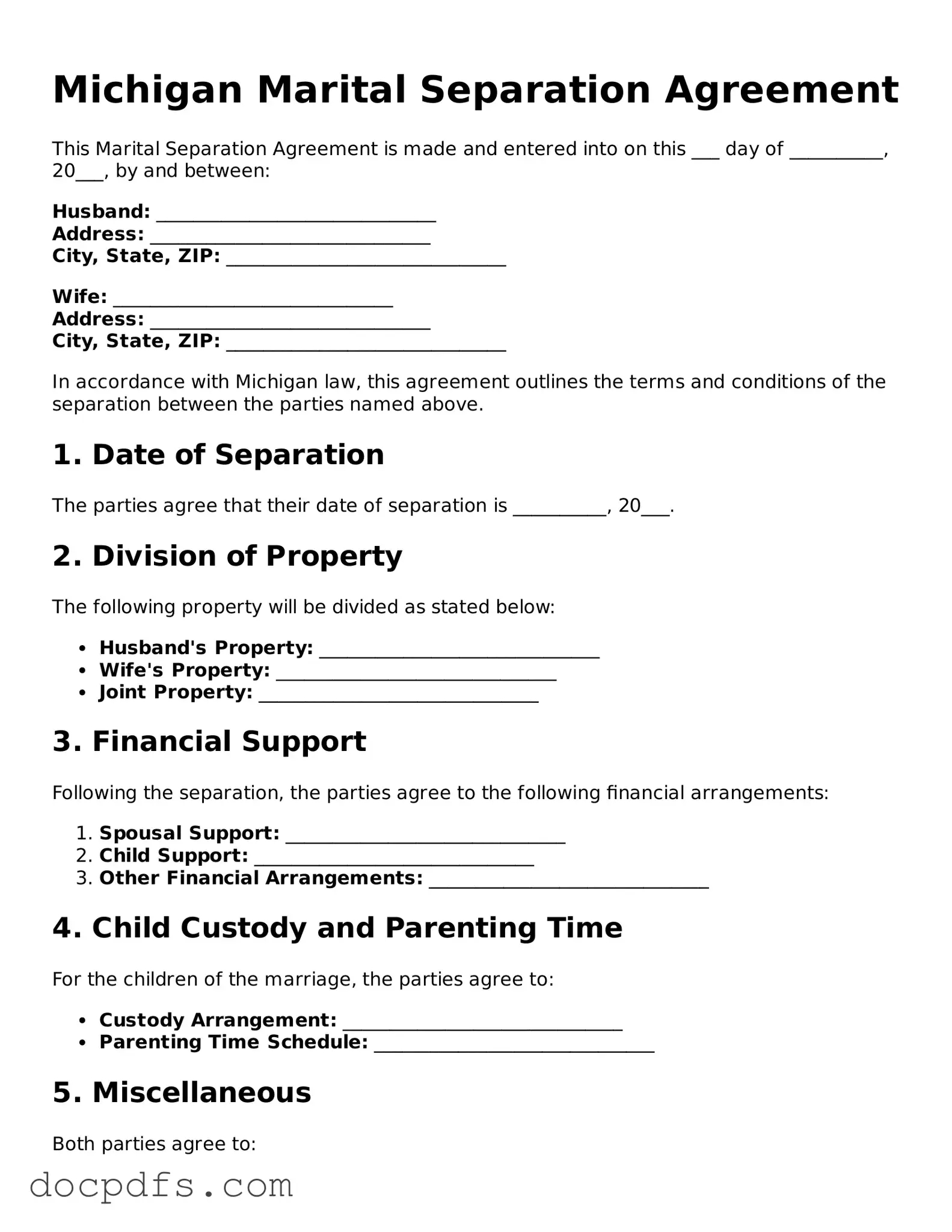 Free Michigan Marital Separation Agreement Form