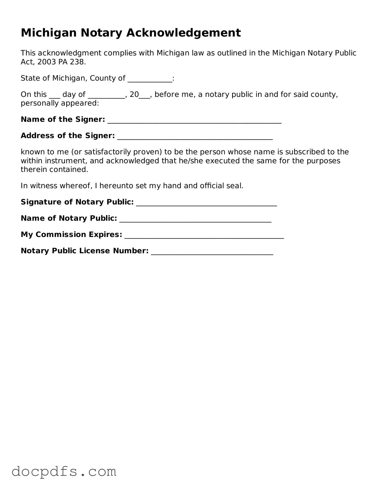 Free Michigan Notary Acknowledgement Form