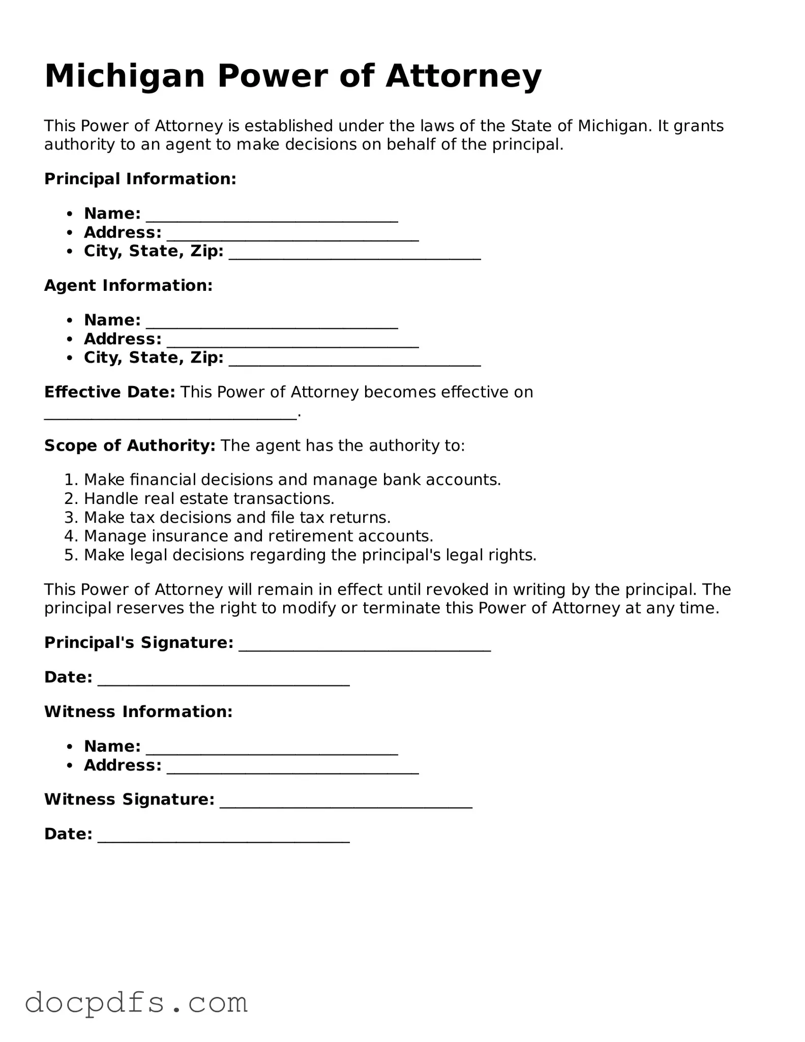 Free Michigan Power of Attorney Form