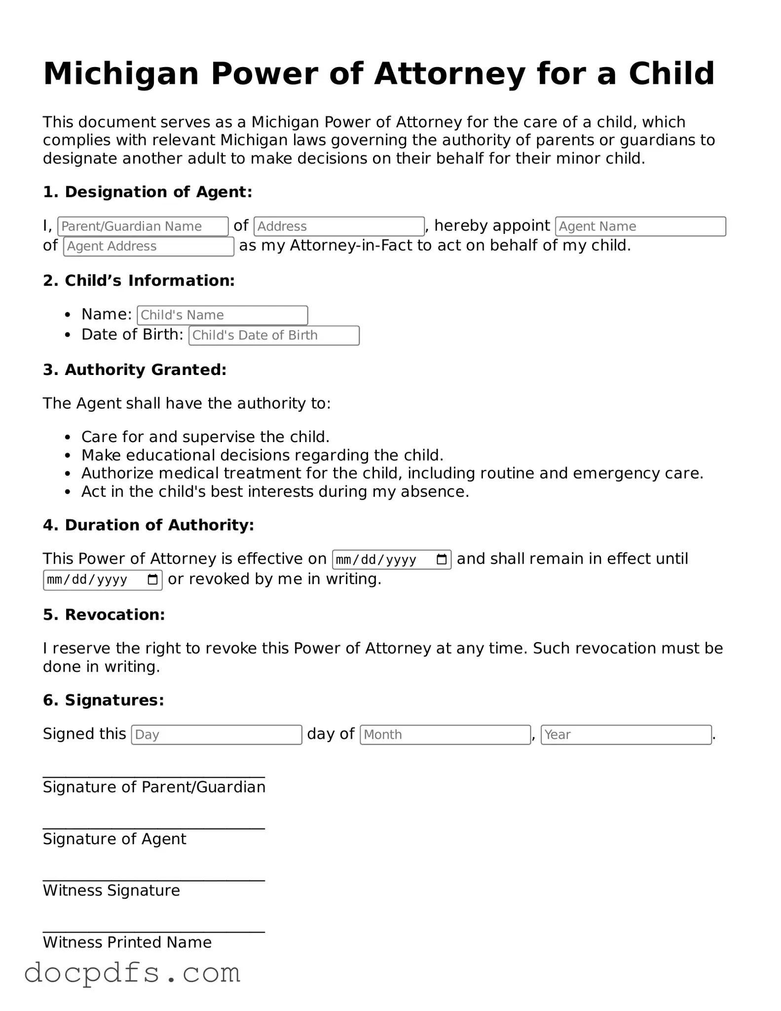 Free Michigan Power of Attorney for a Child Form