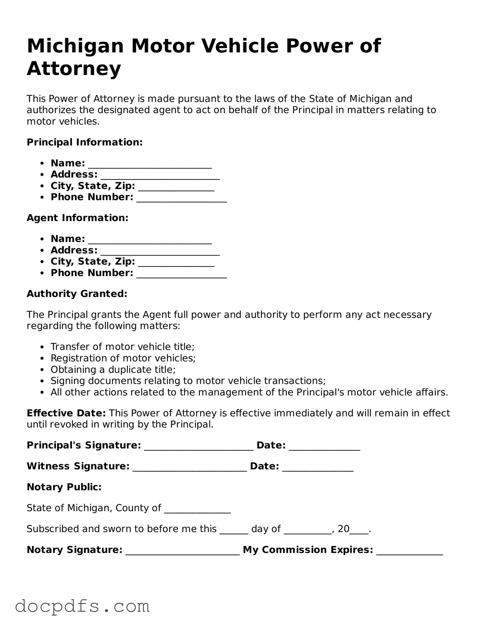 Free Michigan Motor Vehicle Power of Attorney Form