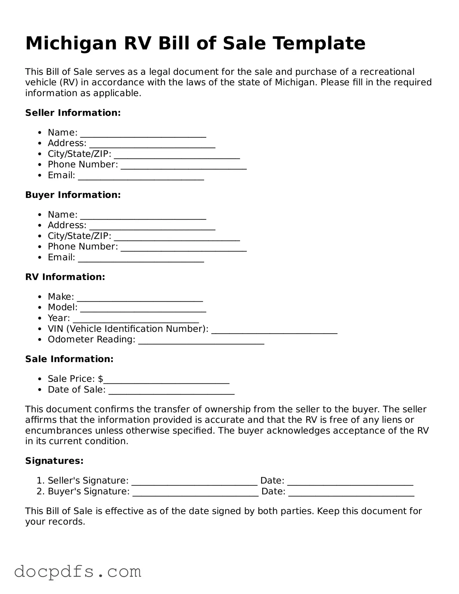 Free Michigan RV Bill of Sale Form