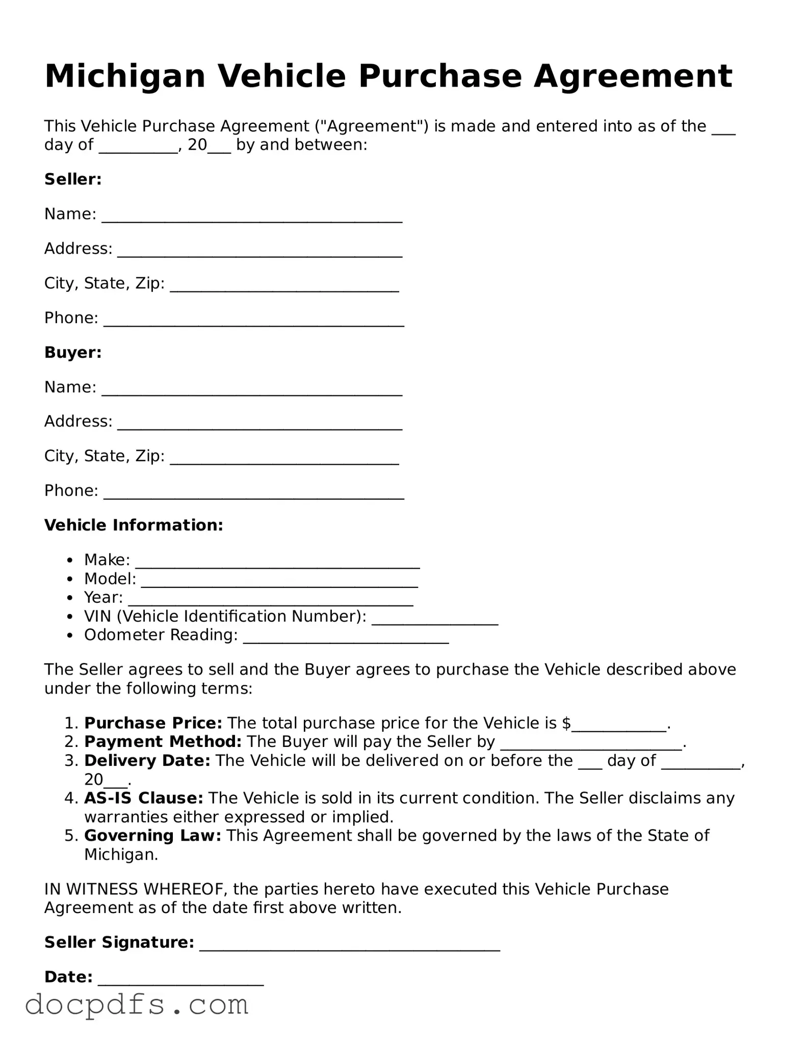Free Michigan Vehicle Purchase Agreement Form