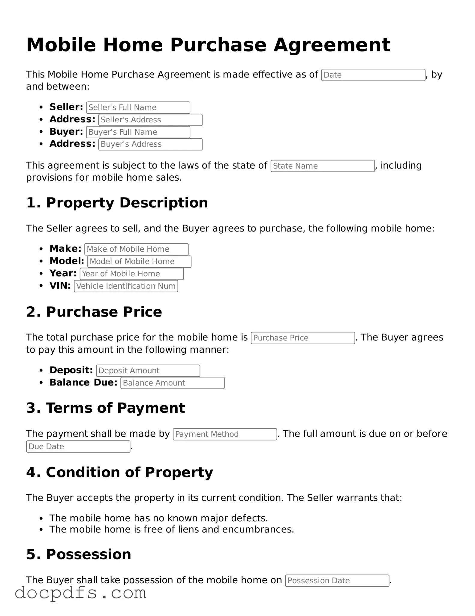 Legal Mobile Home Purchase Agreement Document