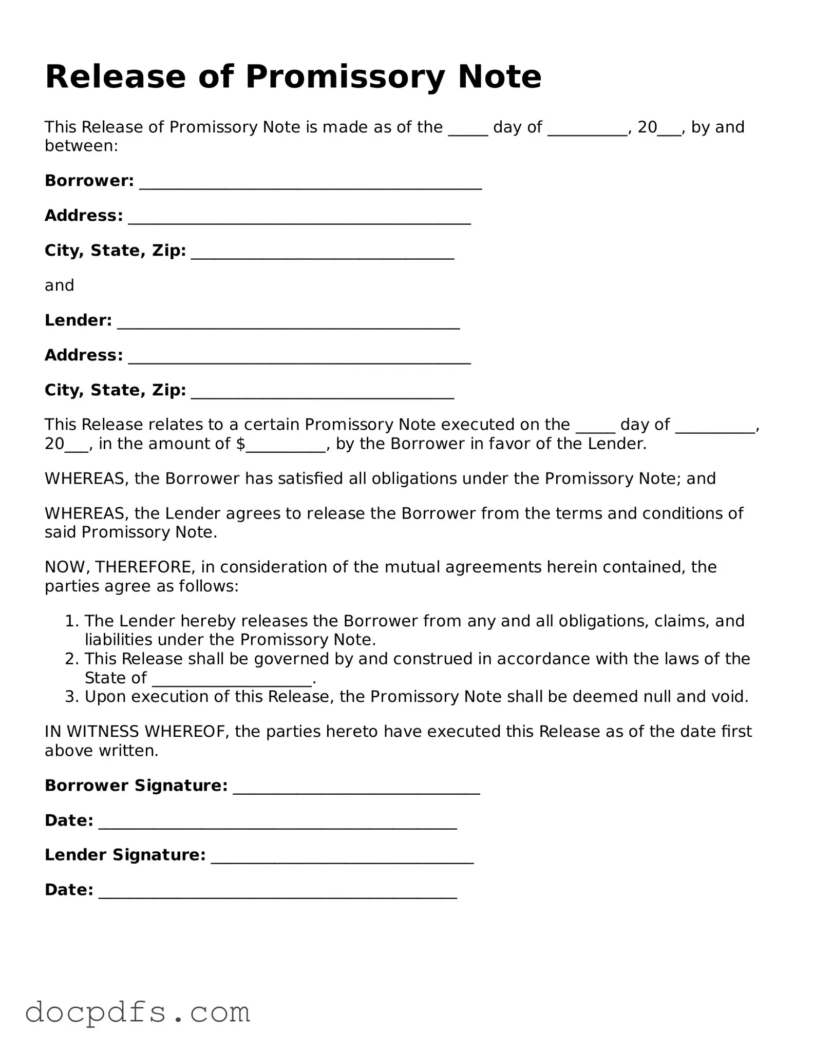 Legal Release of Promissory Note Document