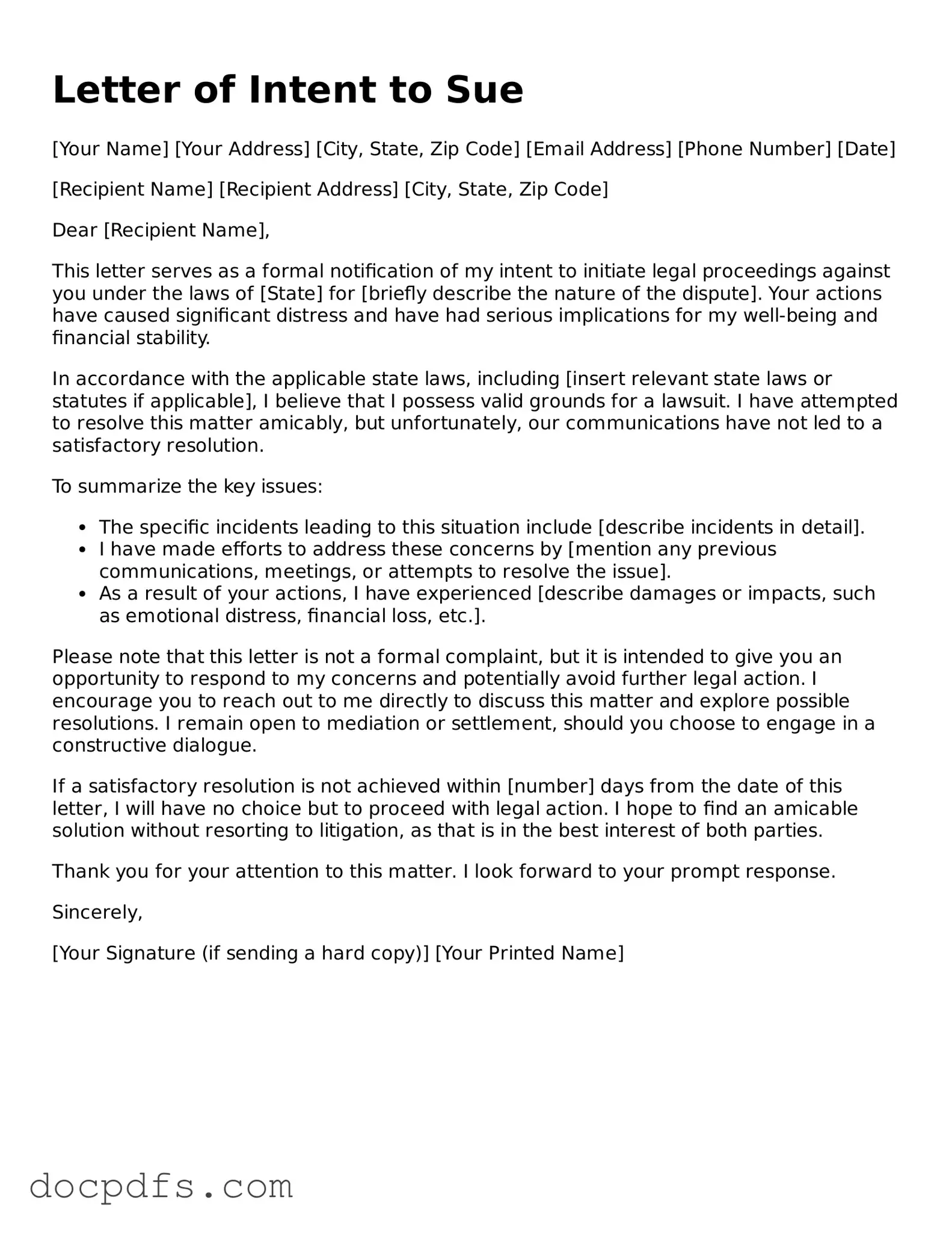 Legal Letter of Intent to Sue Document